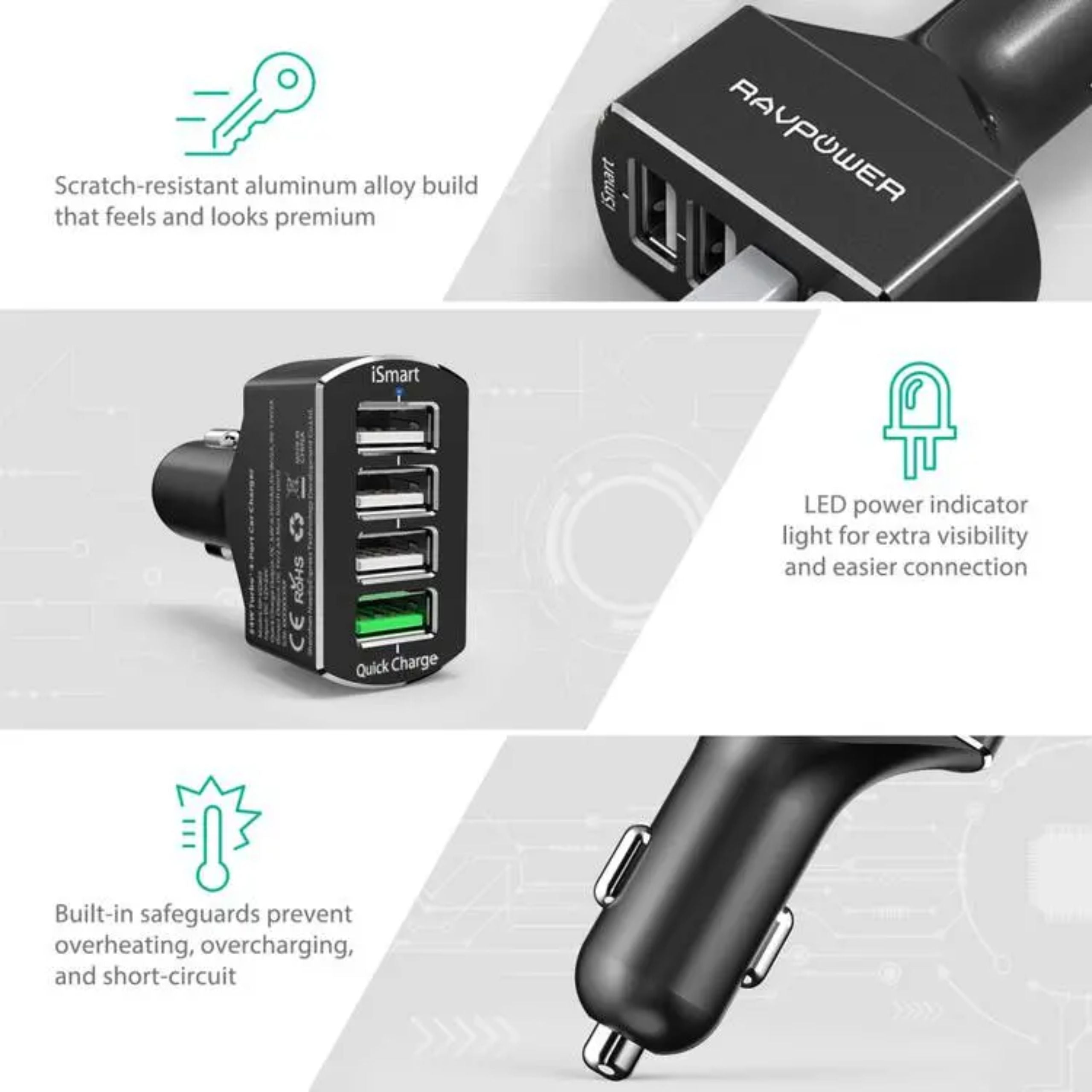 Ravpower QC3.0 36w 4-Port USB Car Charger - Black