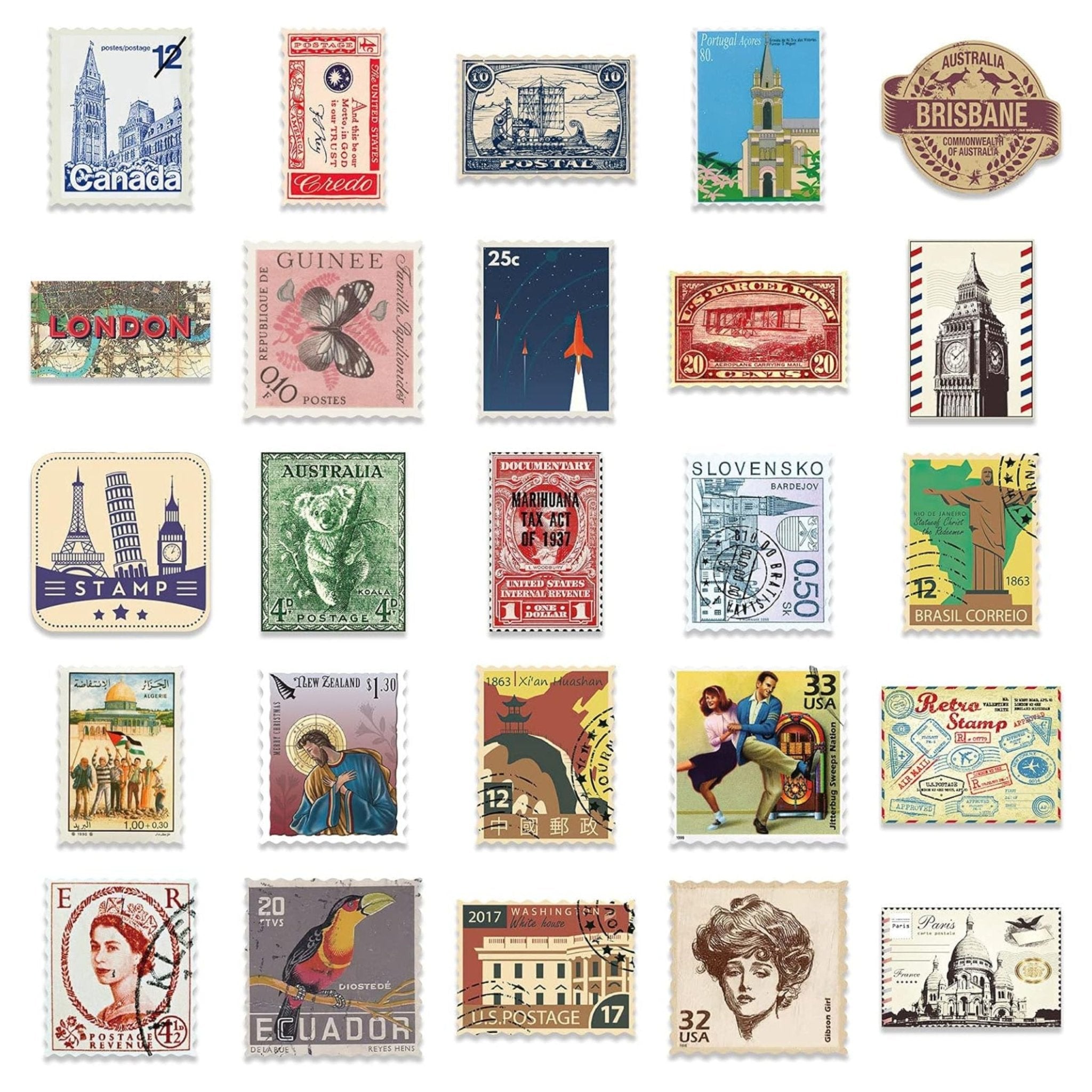 Sticker Vintage Postage Stamp -50pc