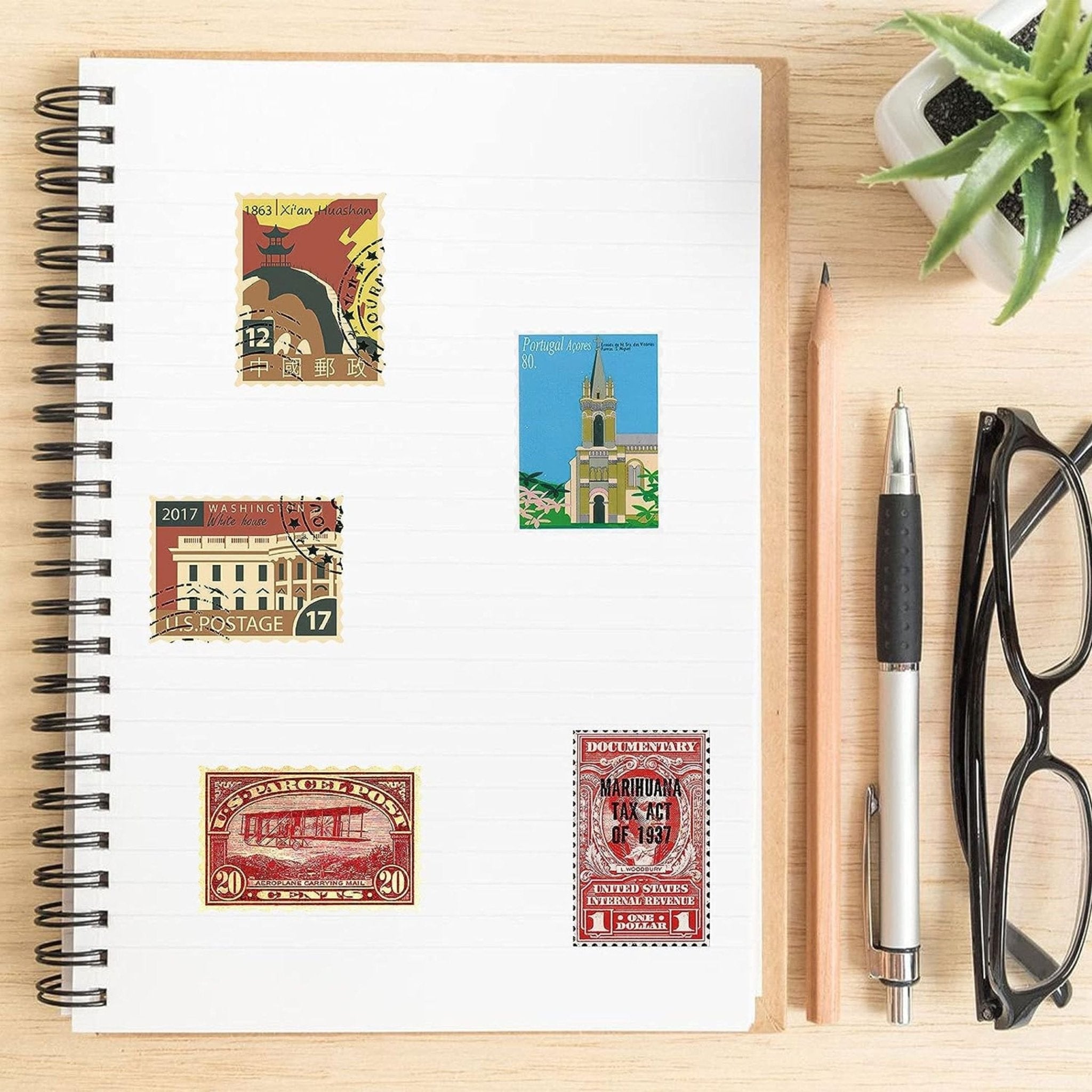 Sticker Vintage Postage Stamp -50pc