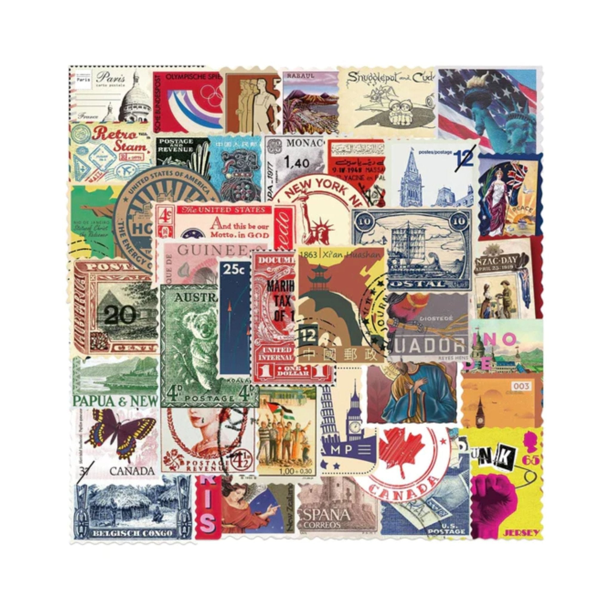 Sticker Vintage Postage Stamp -50pc