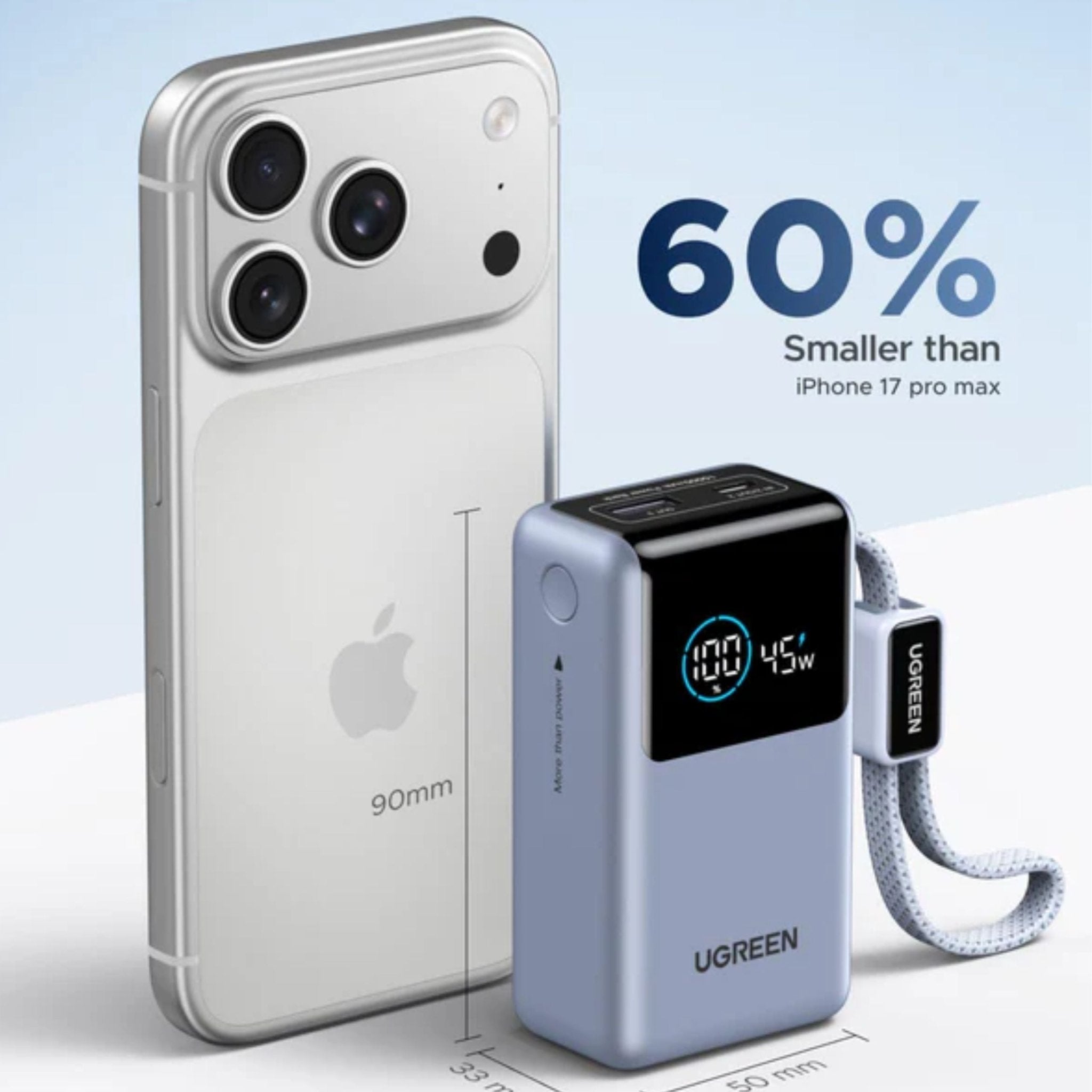 UGREEN 10000mAh 55W Nexode Pro Smart Digital Display Mini Power Bank with Build-in Type-C Cable – Gray