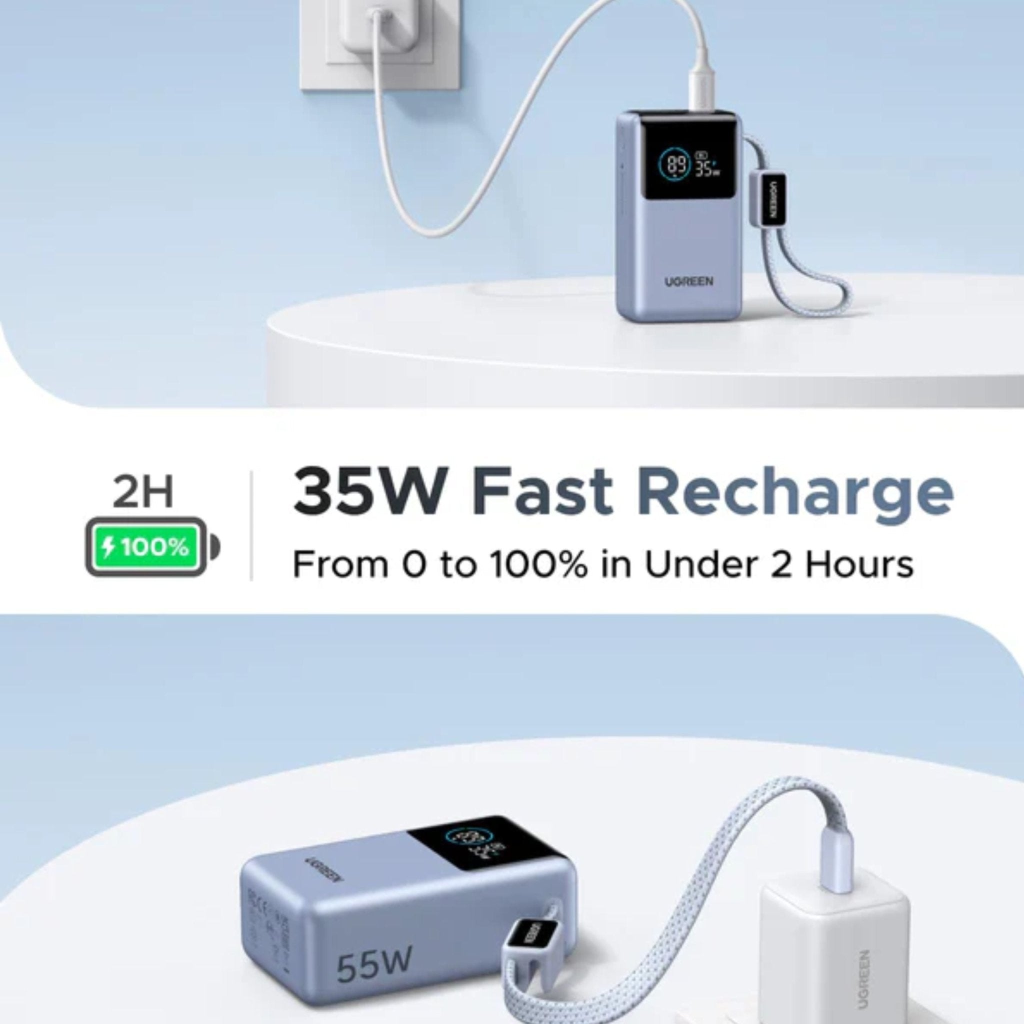 UGREEN 10000mAh 55W Nexode Pro Smart Digital Display Mini Power Bank with Build-in Type-C Cable – Gray