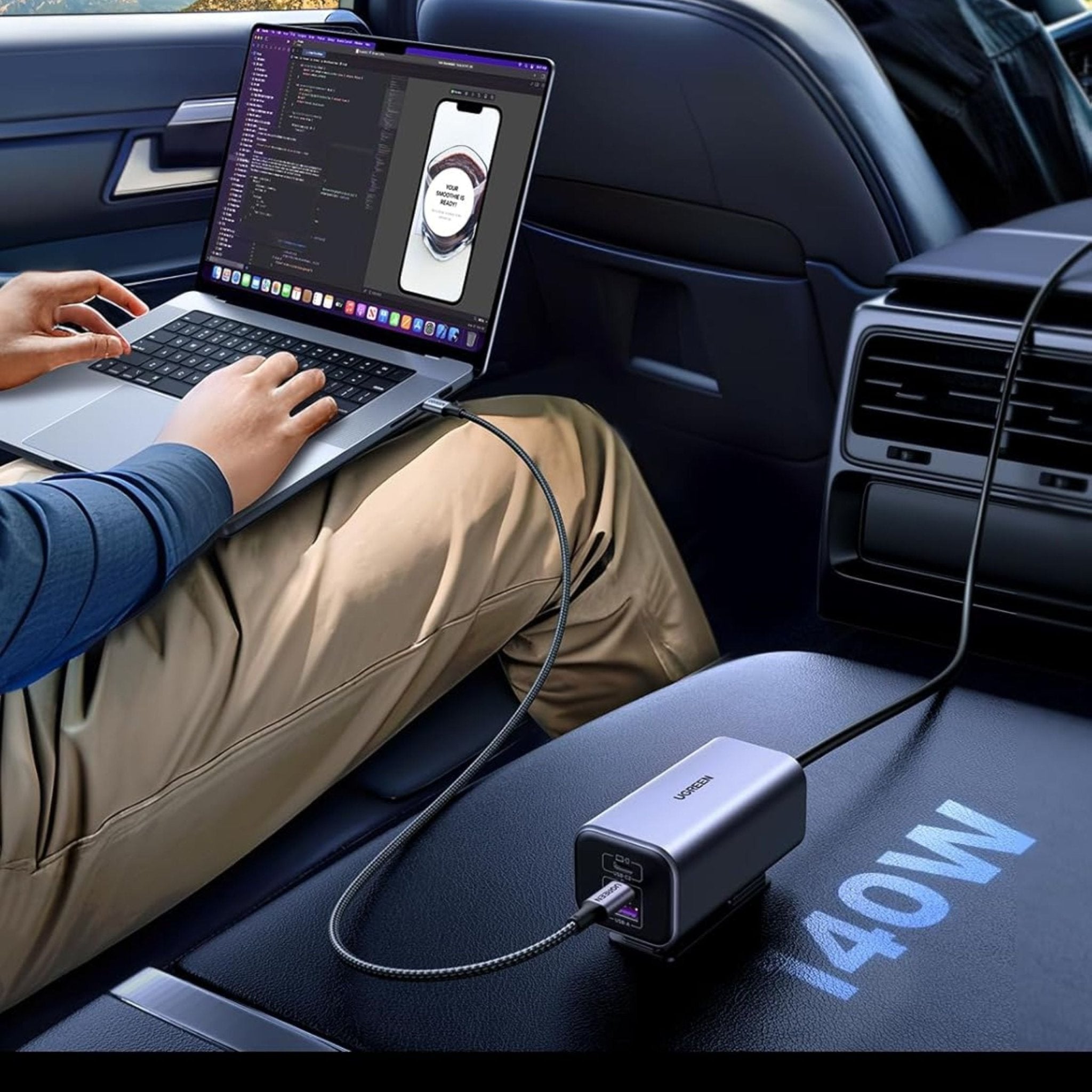 UGREEN 150W 4-Port Gan Fast Car & Backseat Charger 1m - Grey