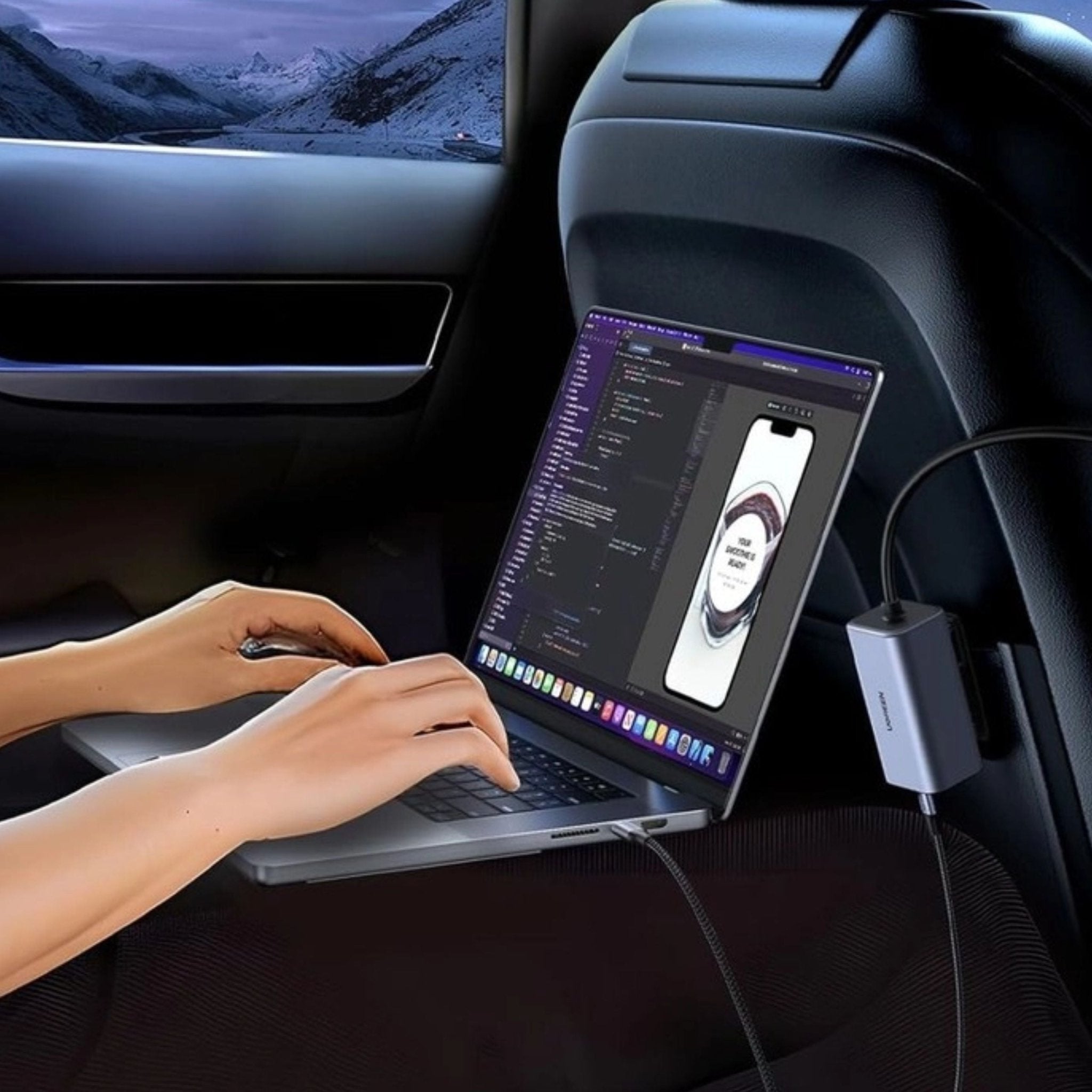 UGREEN 150W 4-Port Gan Fast Car & Backseat Charger 1m - Grey