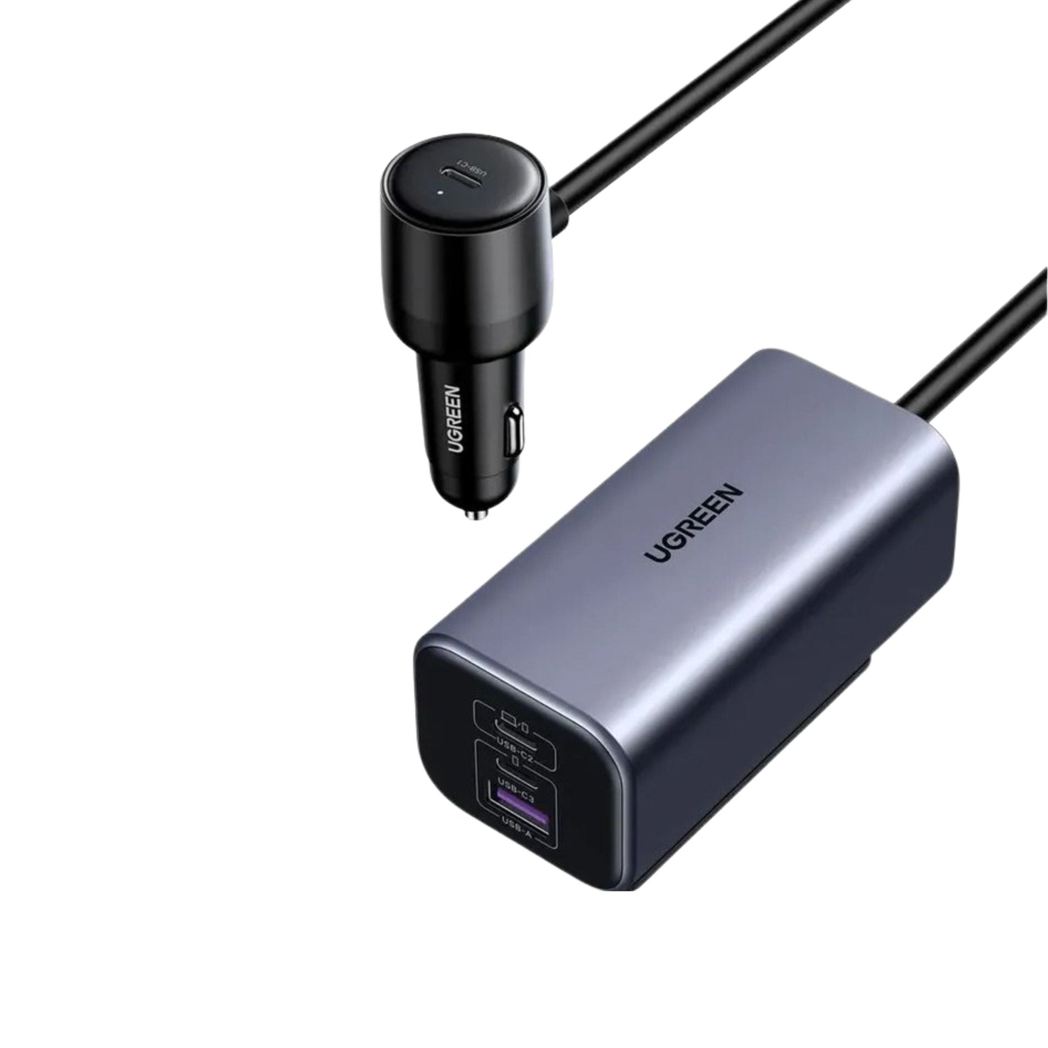 UGREEN 150W 4-Port Gan Fast Car & Backseat Charger 1m - Grey
