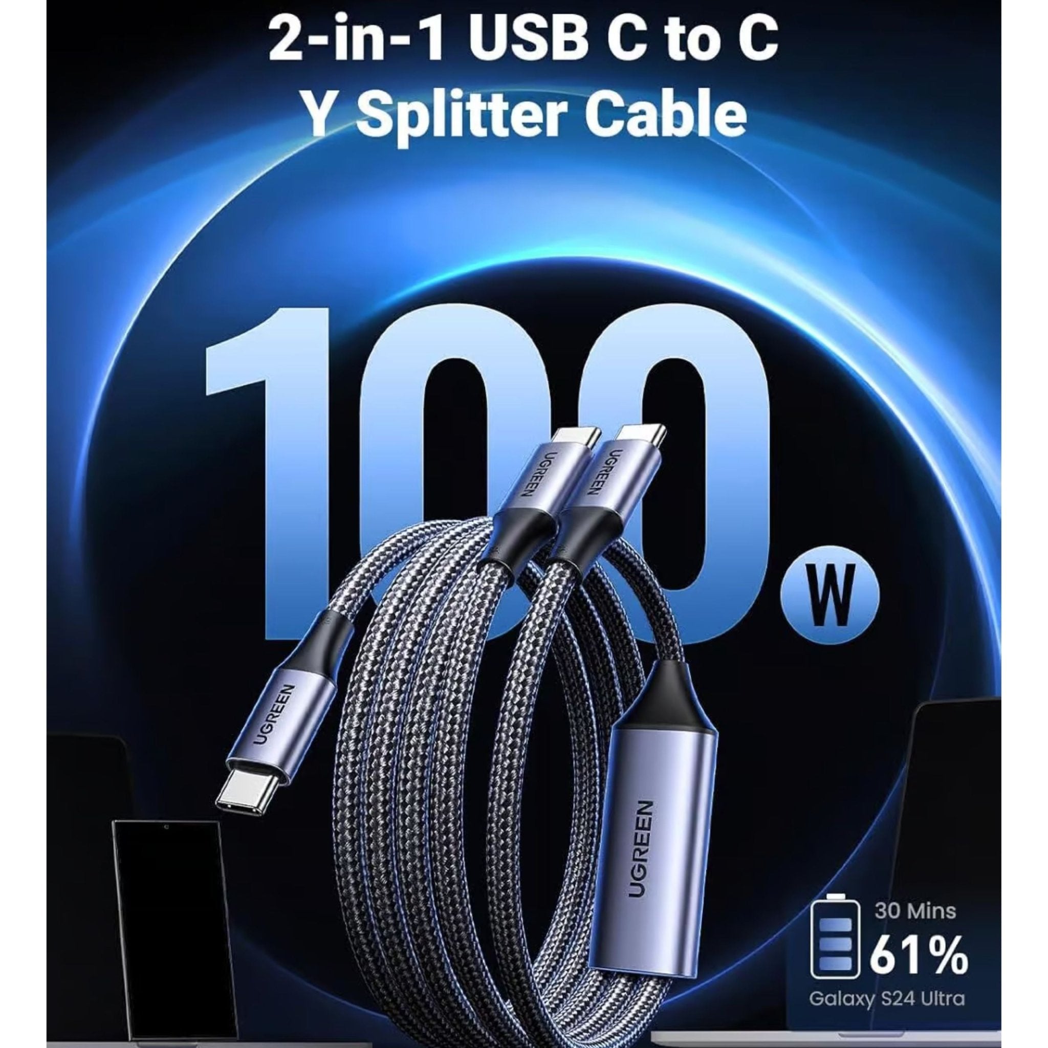 UGREEN 2-in-1 100W USB-C to USB-C/USB-C Universal PD Fast Charging Cable 1.5M - Black