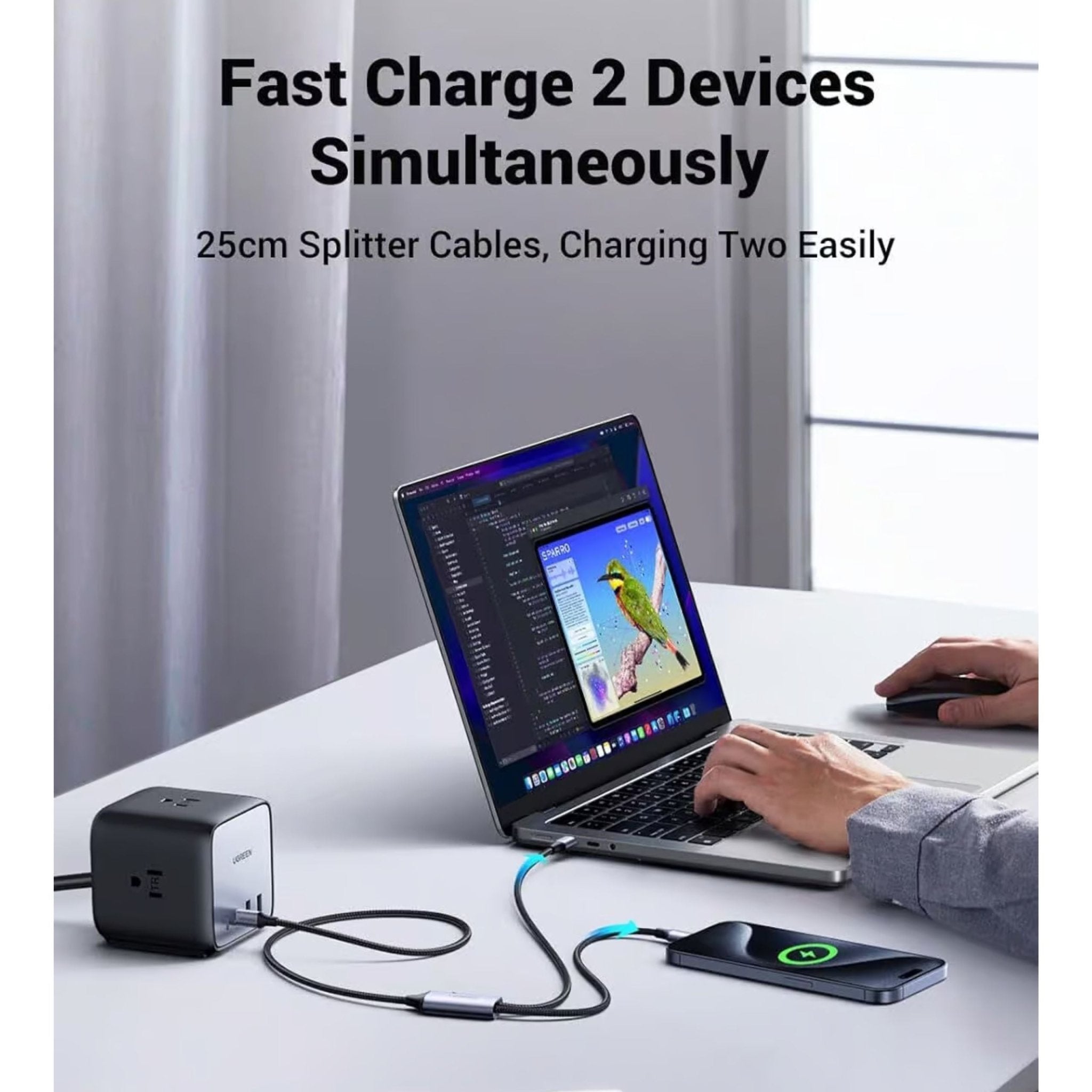 UGREEN 2-in-1 100W USB-C to USB-C/USB-C Universal PD Fast Charging Cable 1.5M - Black