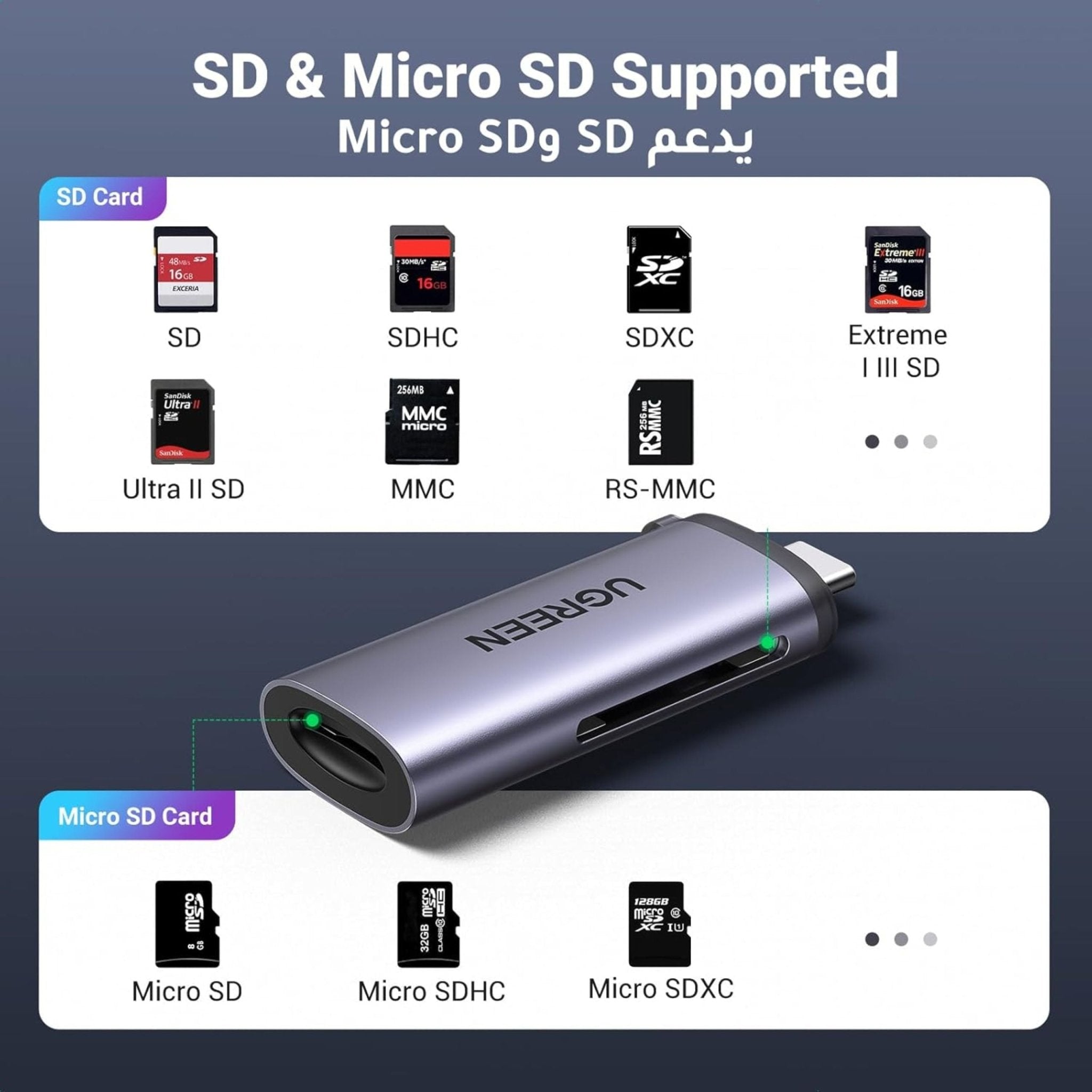UGREEN 2-in-1 USB-C to SD/TF Card Reader - Gray