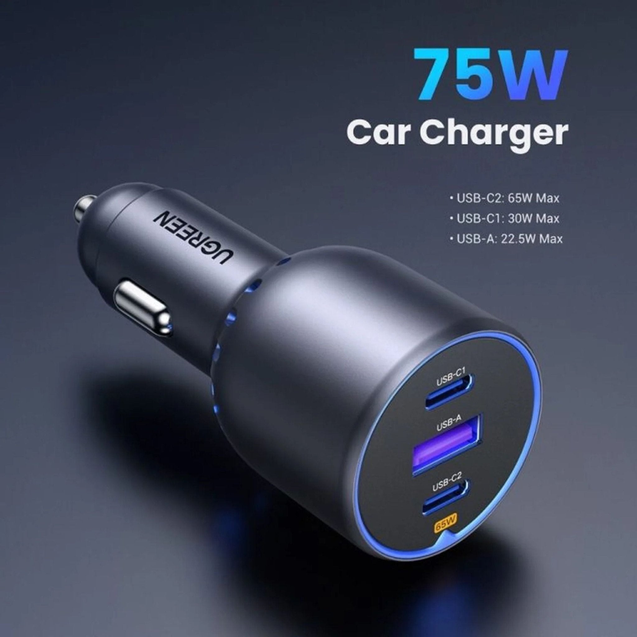 UGREEN 75W 3-Port Fast Car Charger - Grey