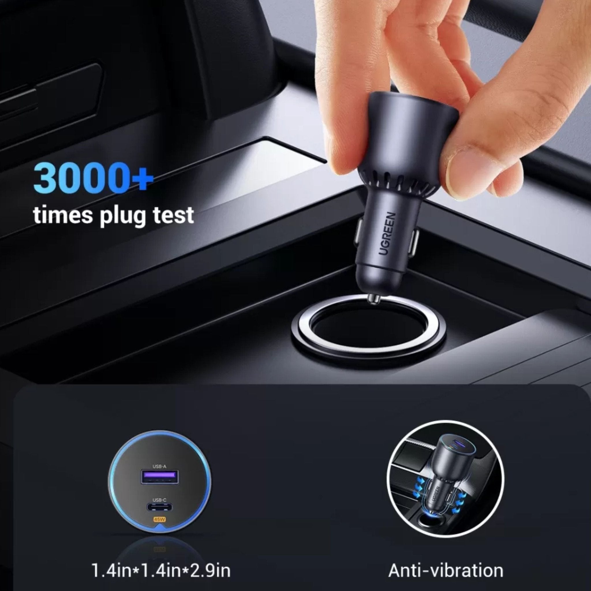 UGREEN Fast car Charger 63W 2-port USB-C/USB-A - Gray