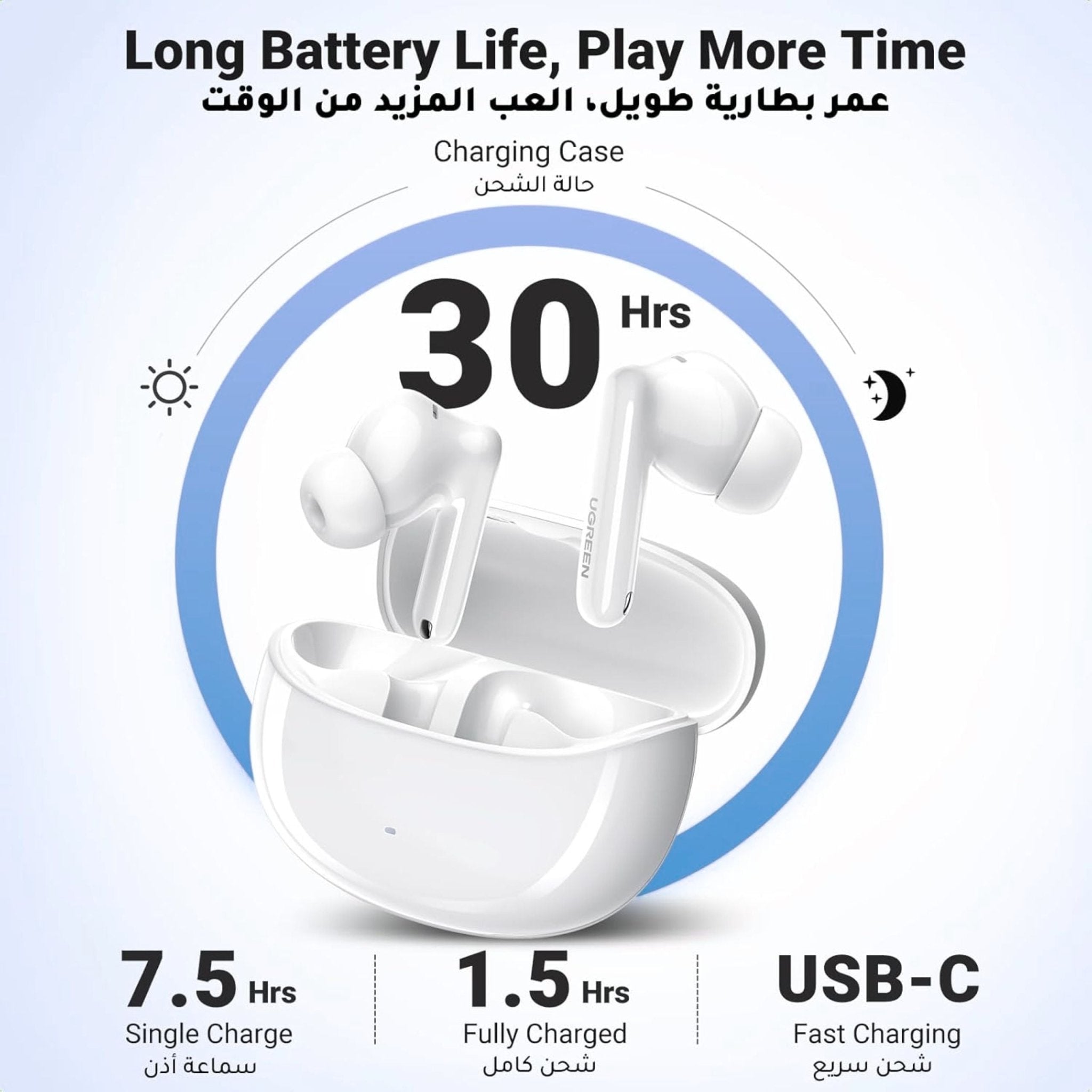 UGREEN HiTune T3 Pro ANC Wireless Earbuds (30hrs) - White