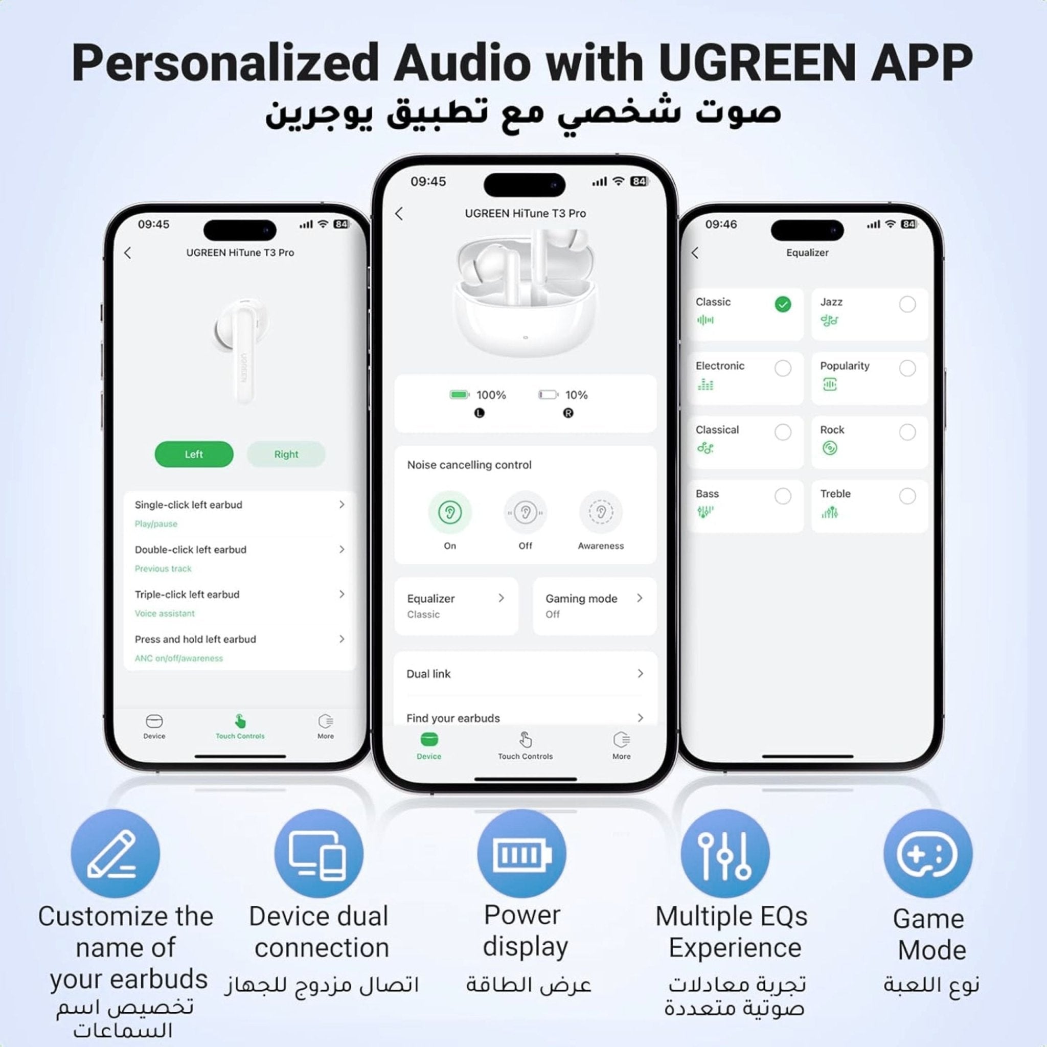 UGREEN HiTune T3 Pro ANC Wireless Earbuds (30hrs) - White