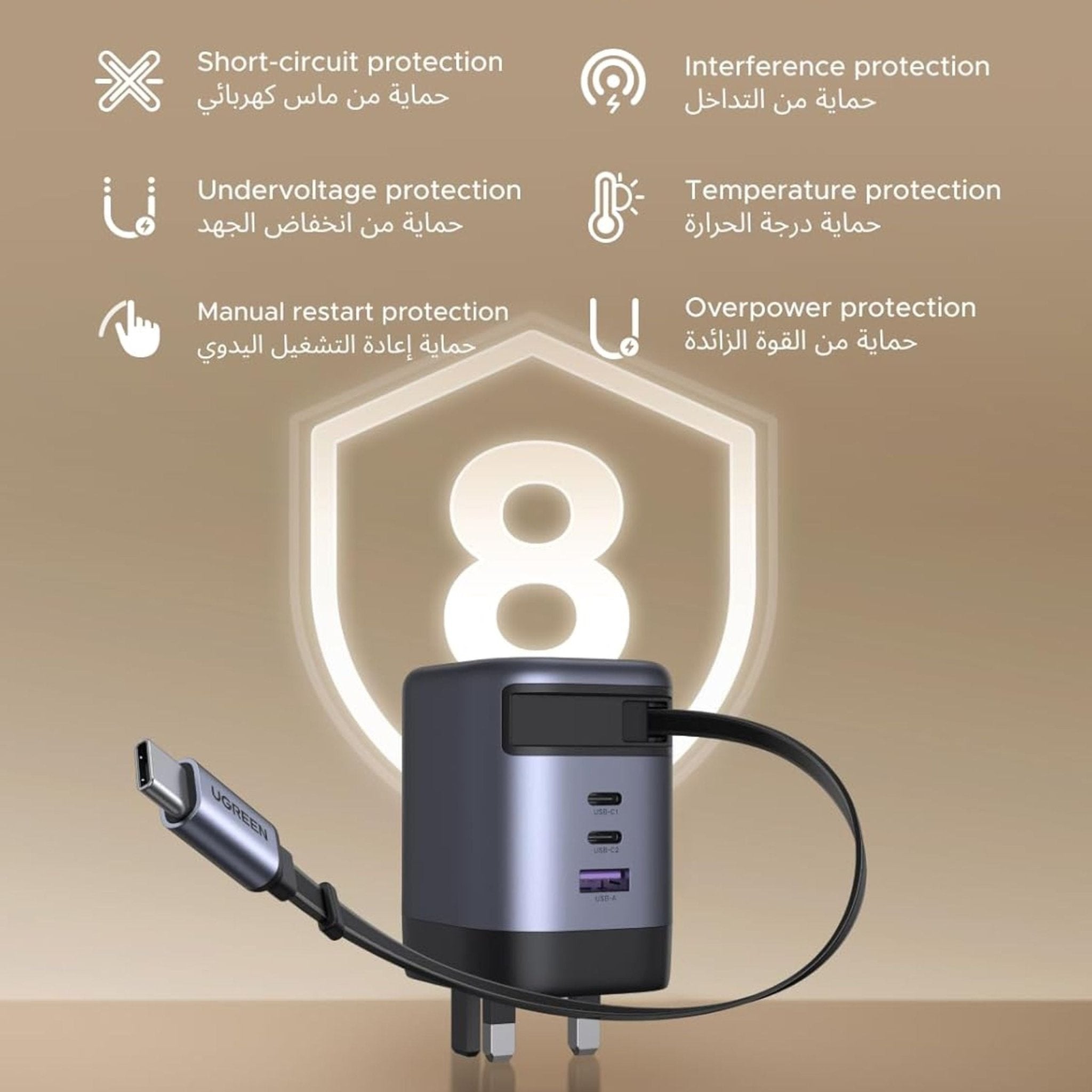 UGREEN NEXUD PRO 100W Wall Charger with Retractable USB-C Cable - Black