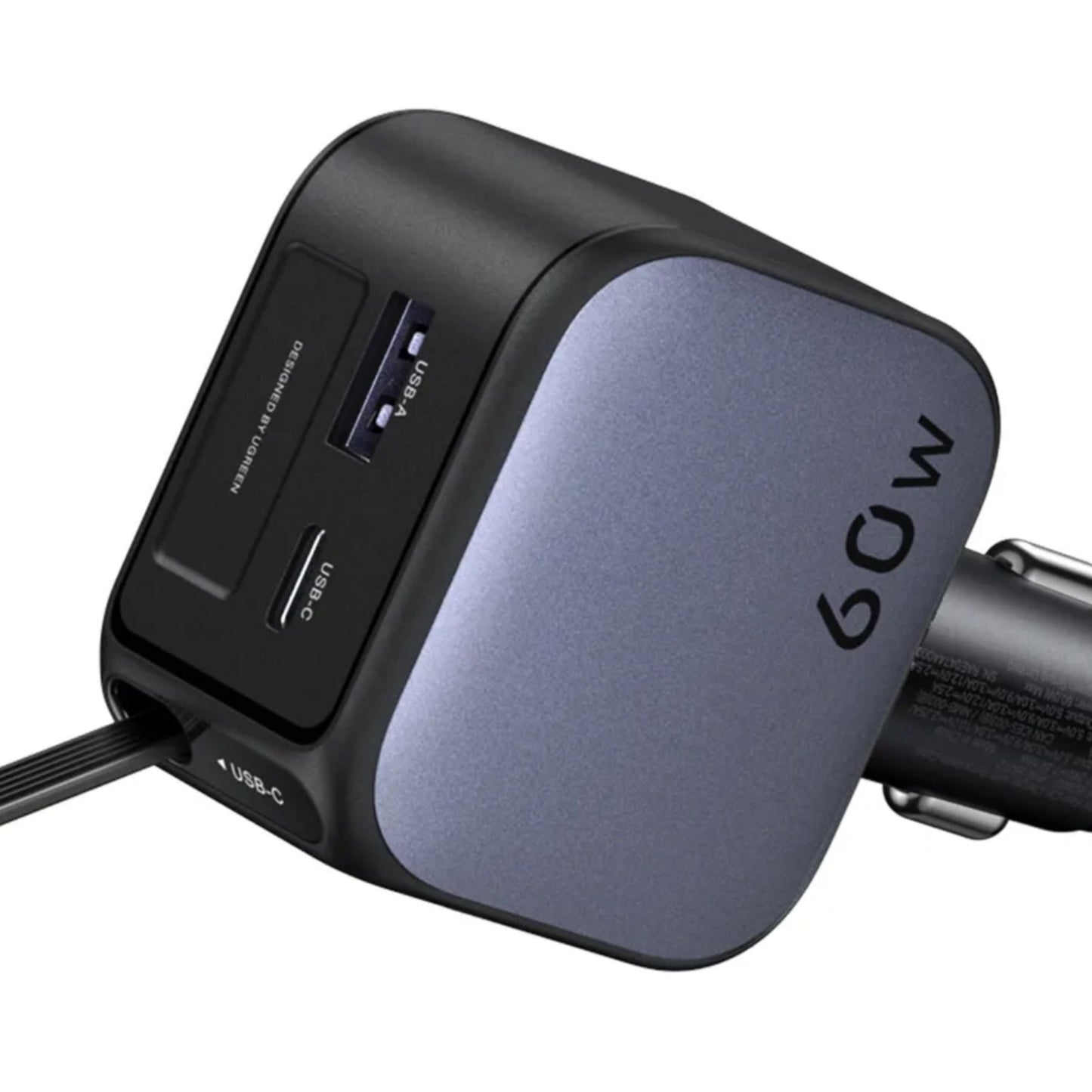 UGREEN Nexode 60W 2-Port Fast Car Charger with Built-in Retractable USB-C Cable - Grey