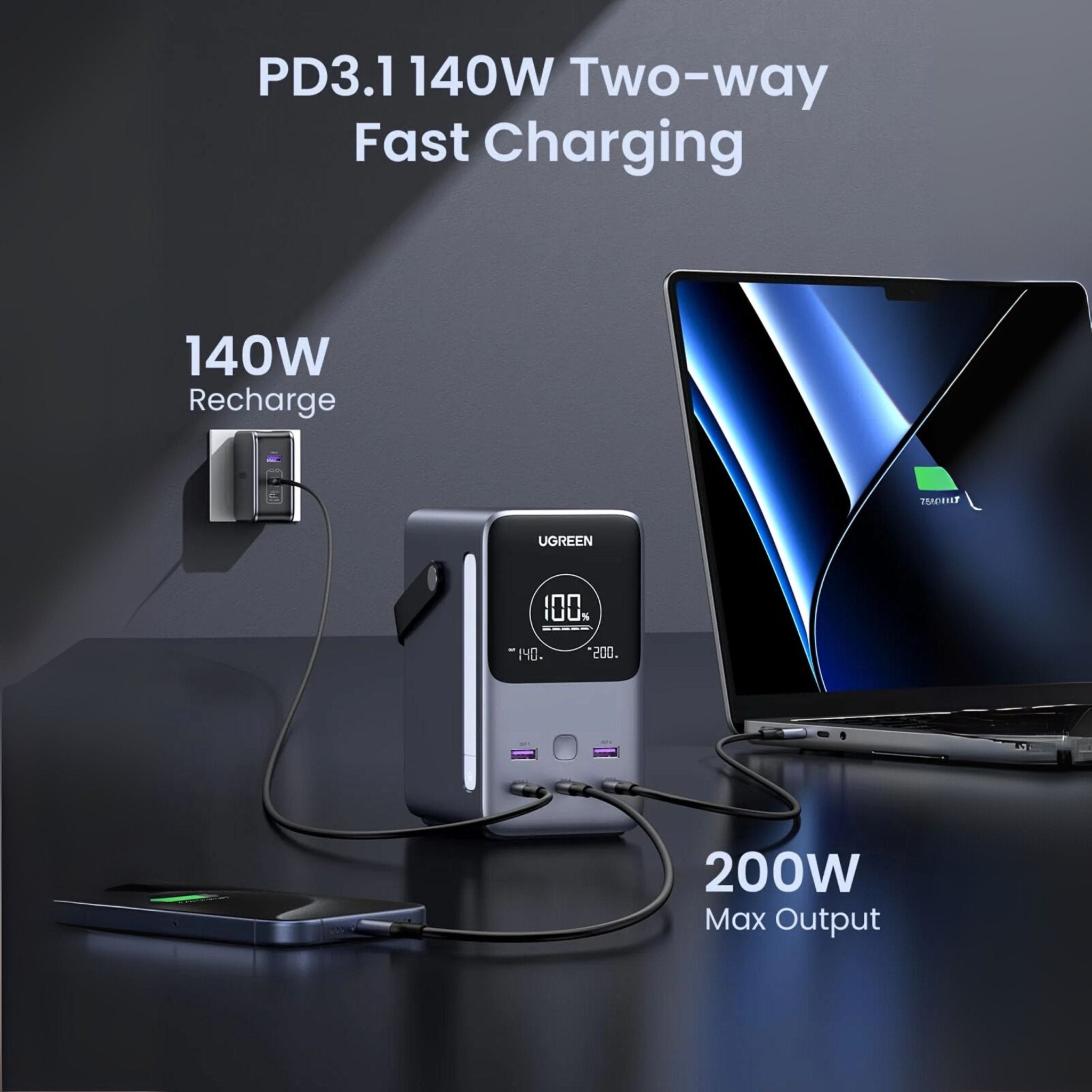 UGREEN Nexode PD 300W Fast Charging Power Bank 48000mAh with Emergency Light - Grey