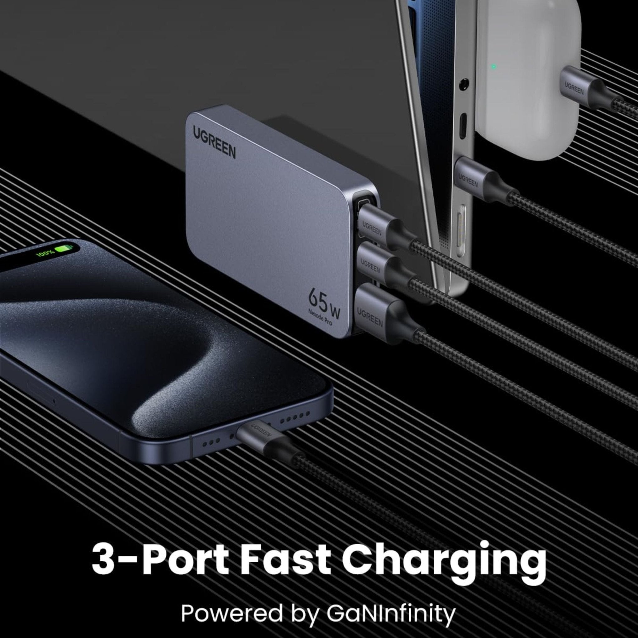 UGREEN Nexode Pro 65W 3-Port GaN Ultra-Slim Fast Charger US/UK/EU Plugs - Grey