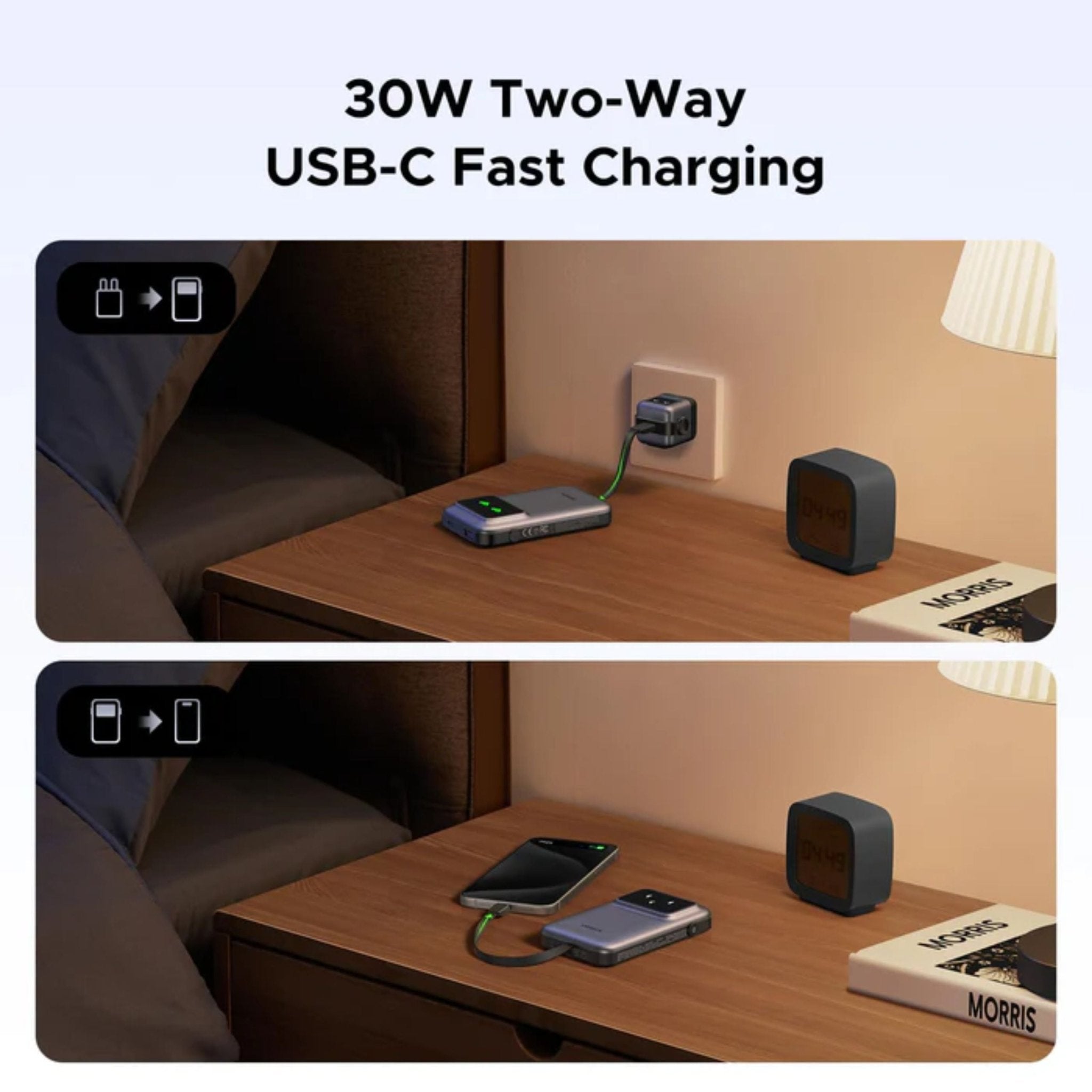 UGREEN Uno 10000mAh Quick Charging 30W Power Bank With Build-in USB-C Cable - Grey