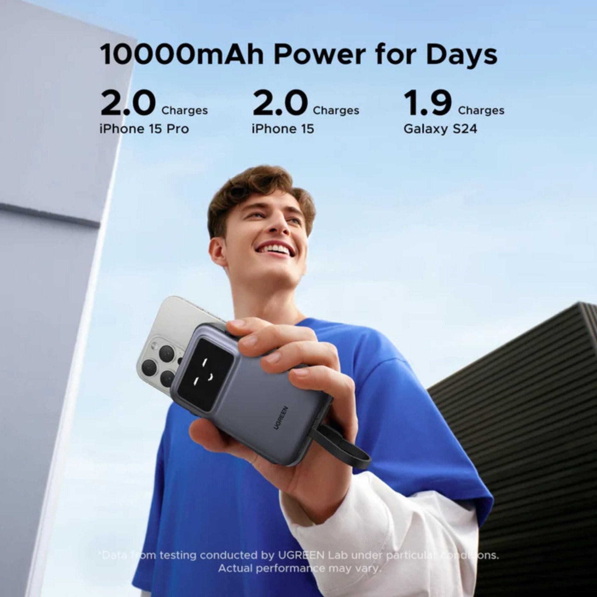 UGREEN Uno 10000mAh Quick Charging 30W Power Bank With Build-in USB-C Cable - Grey