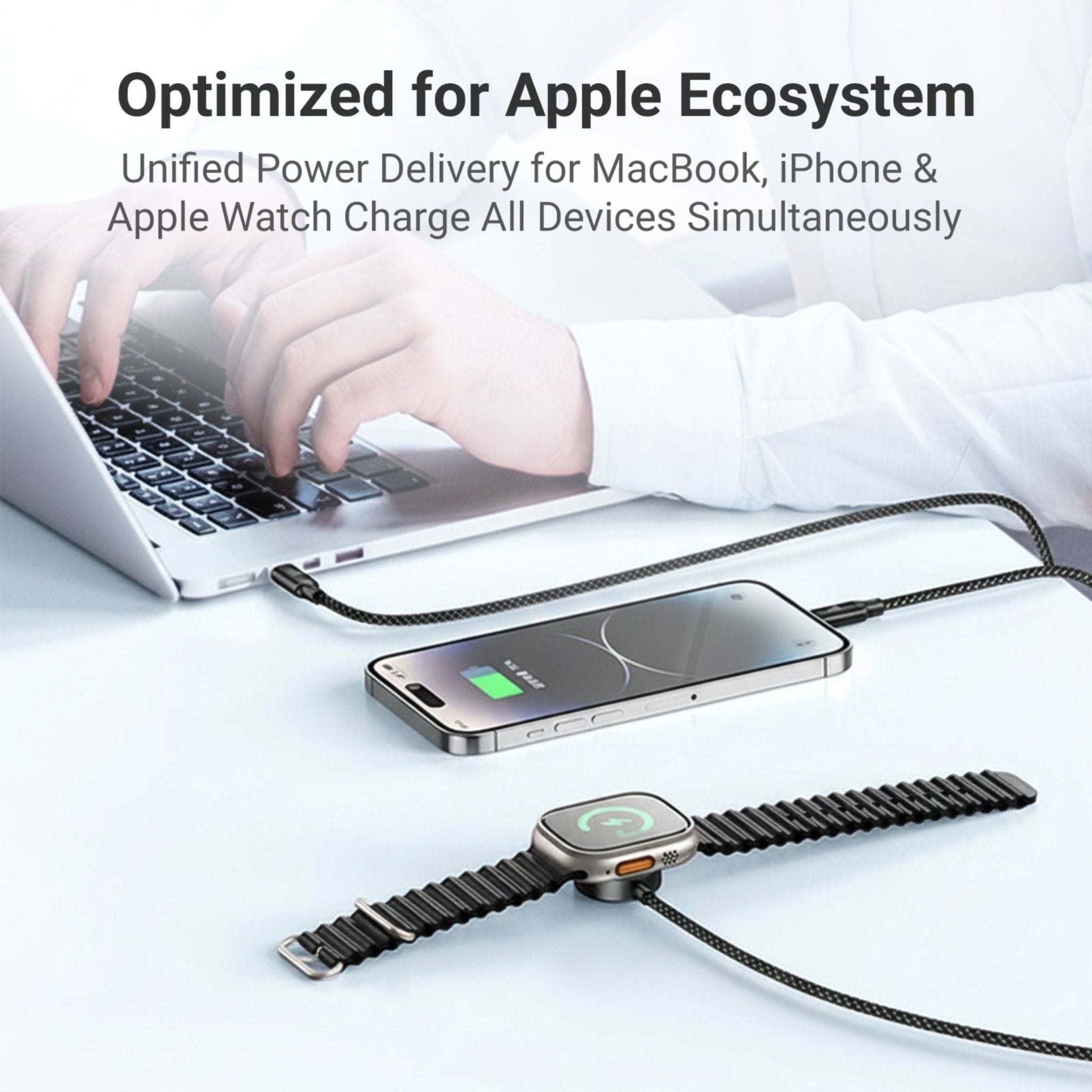 Brave BDC - 53 Trivolt 3 - in - 1 Fast Charging Cable 100W, USB - C to USB - C, 20W Lightning & 2.5W Apple Watch Magnetic Charger - Black - STOORE.AE | ستور الامارات