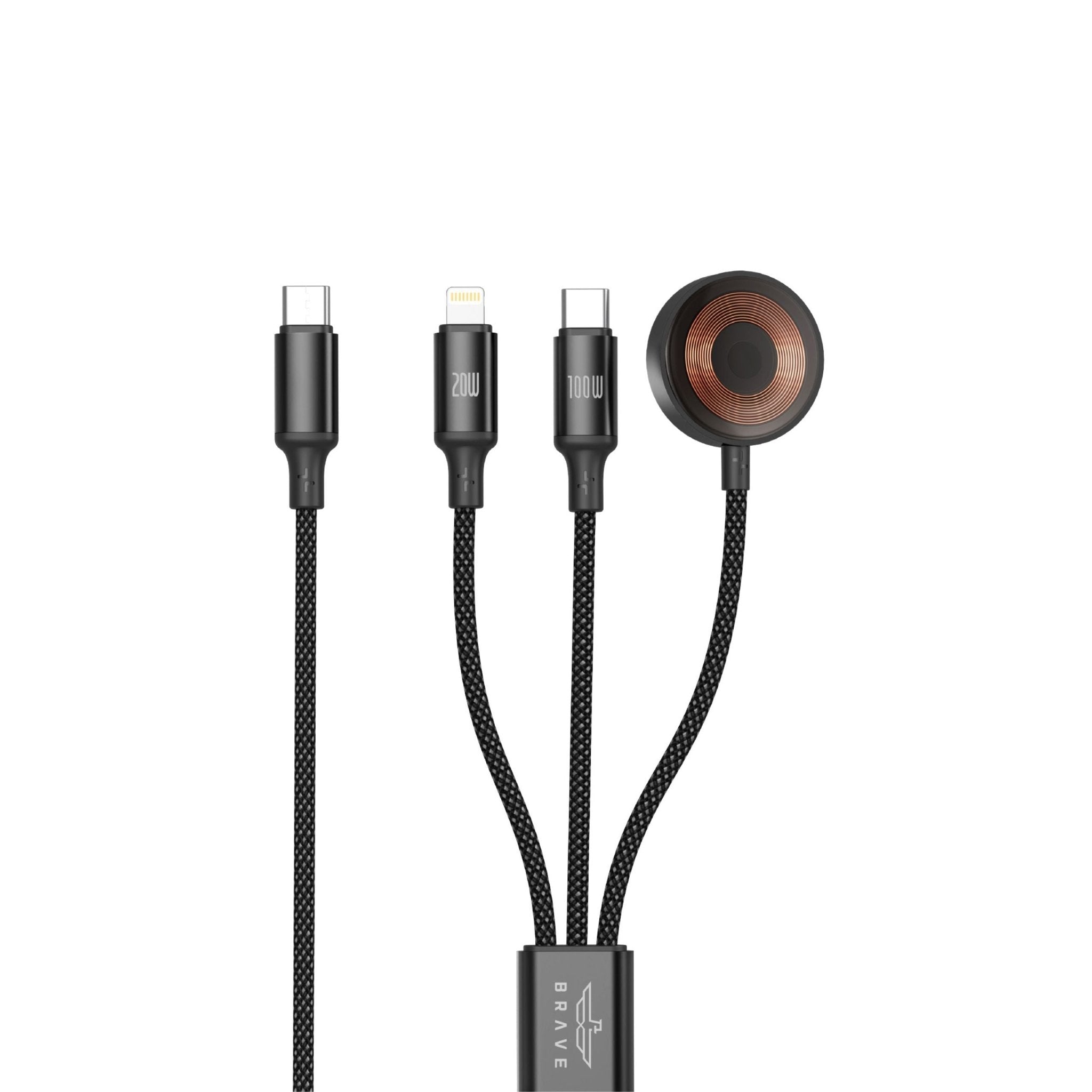 Brave BDC - 53 Trivolt 3 - in - 1 Fast Charging Cable 100W, USB - C to USB - C, 20W Lightning & 2.5W Apple Watch Magnetic Charger - Black - STOORE.AE | ستور الامارات