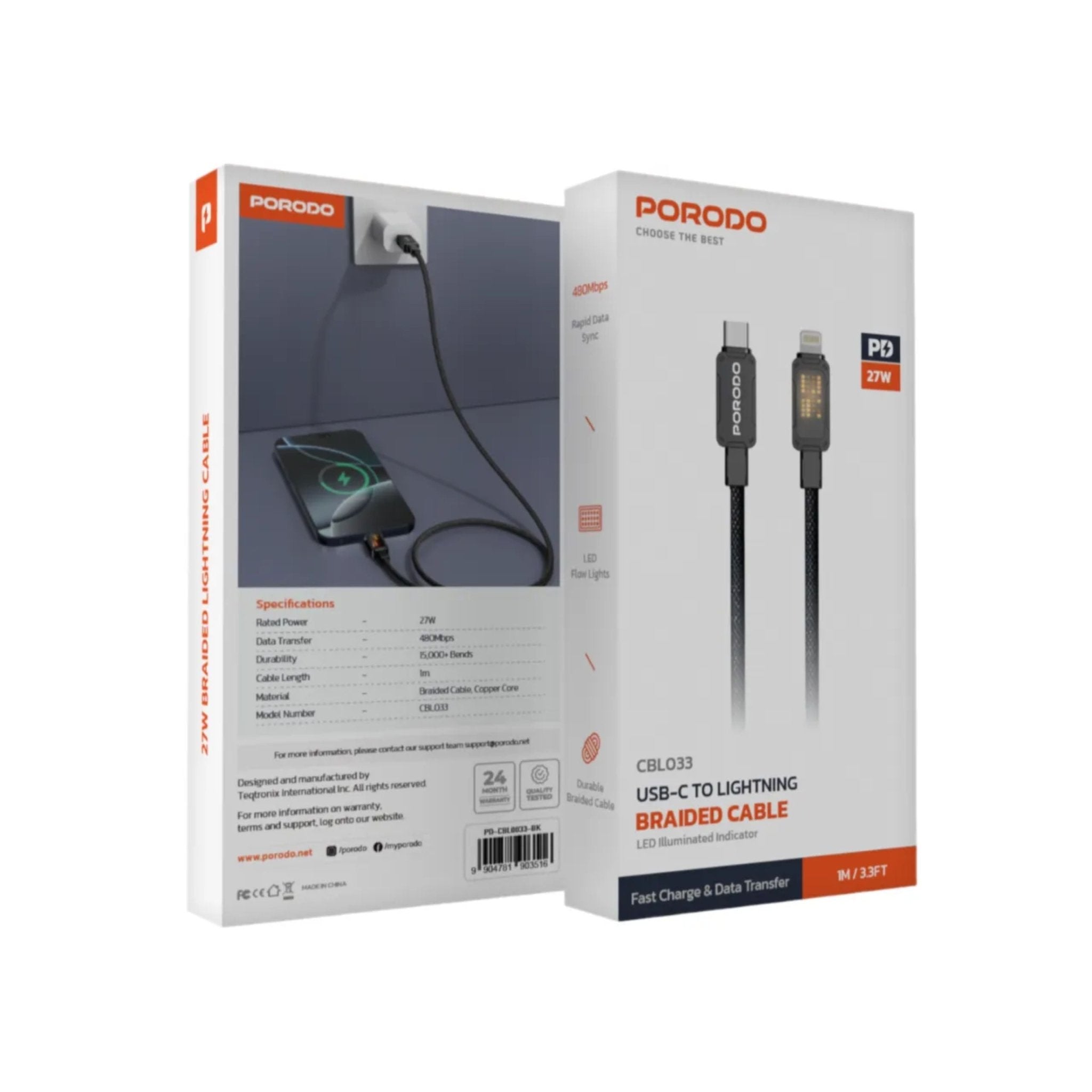 Porodo 27w Pixelated Braided USB - C To Lightning 1m Cable - Black - STOORE.AE | ستور الامارات