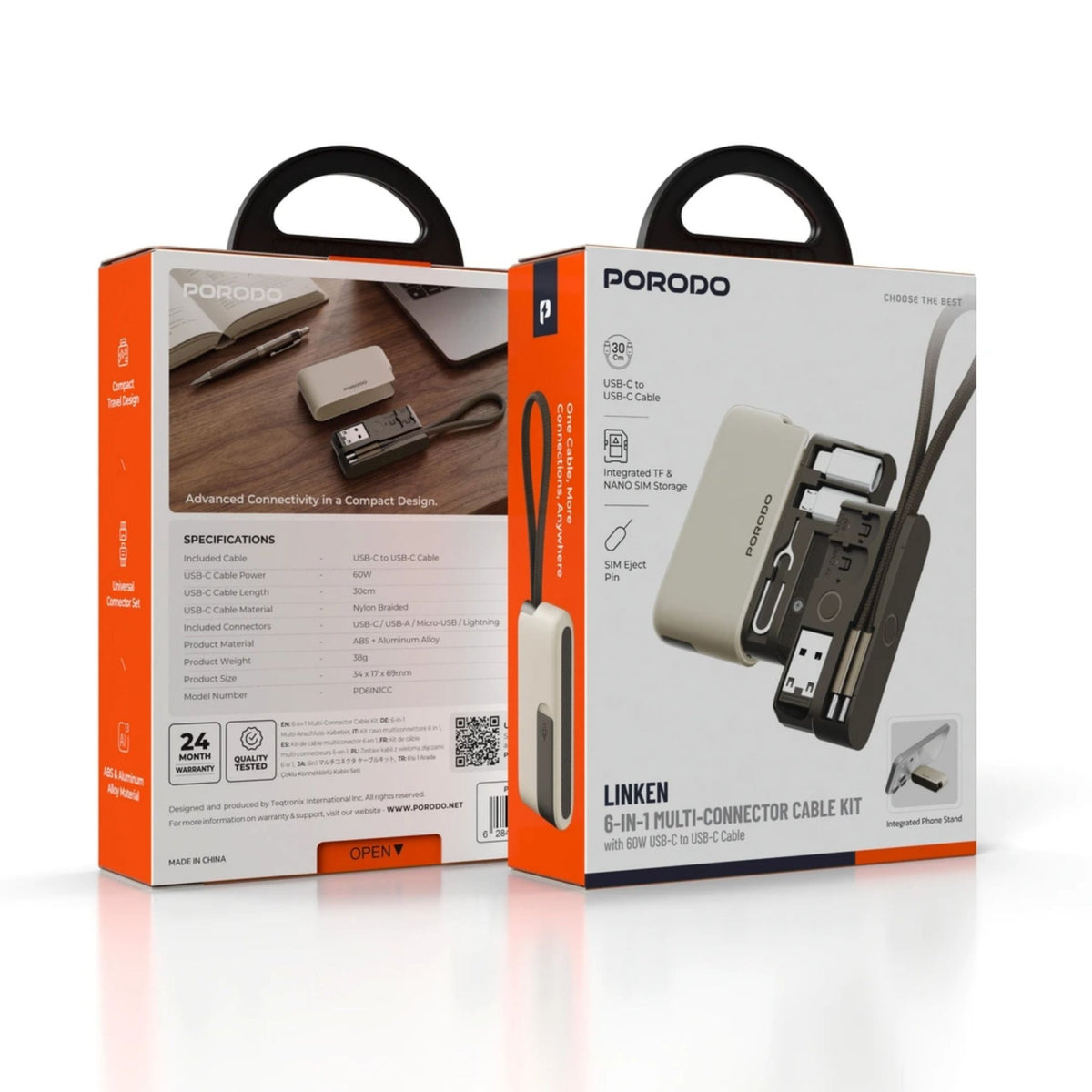 Porodo Linken 6-in-1 Multi-Connector Cable Kit With 60W USB-C to USB-C Cable- Beige - STOORE.AE | ستور الامارات