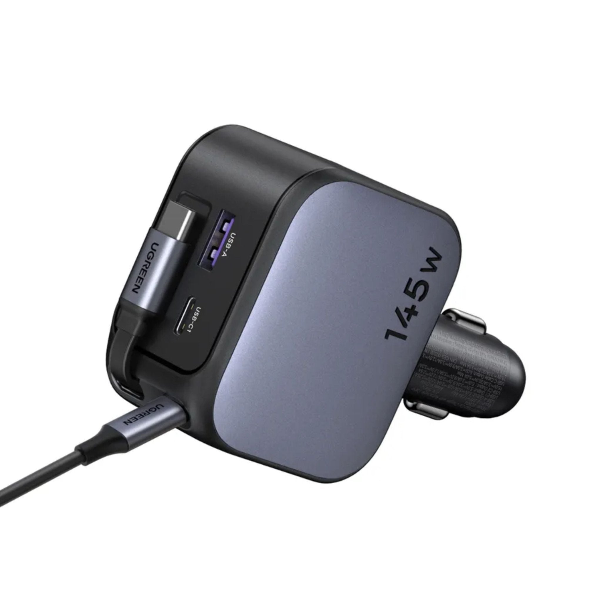 UGREEN Nexode 145W 3 - Port Fast Car Charger with Built - in Retractable USB - C Cable - Grey - STOORE.AE | ستور الامارات