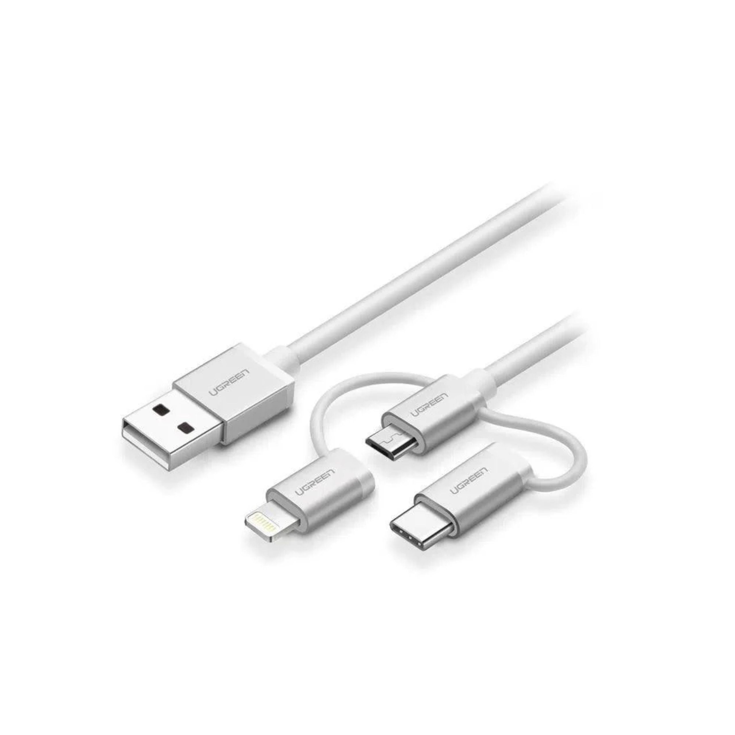 UGREEN 3-in-1 Braided Nylon USB-A to USB-C/Lightning/Micro Universal Cable 1.5M - Silver White