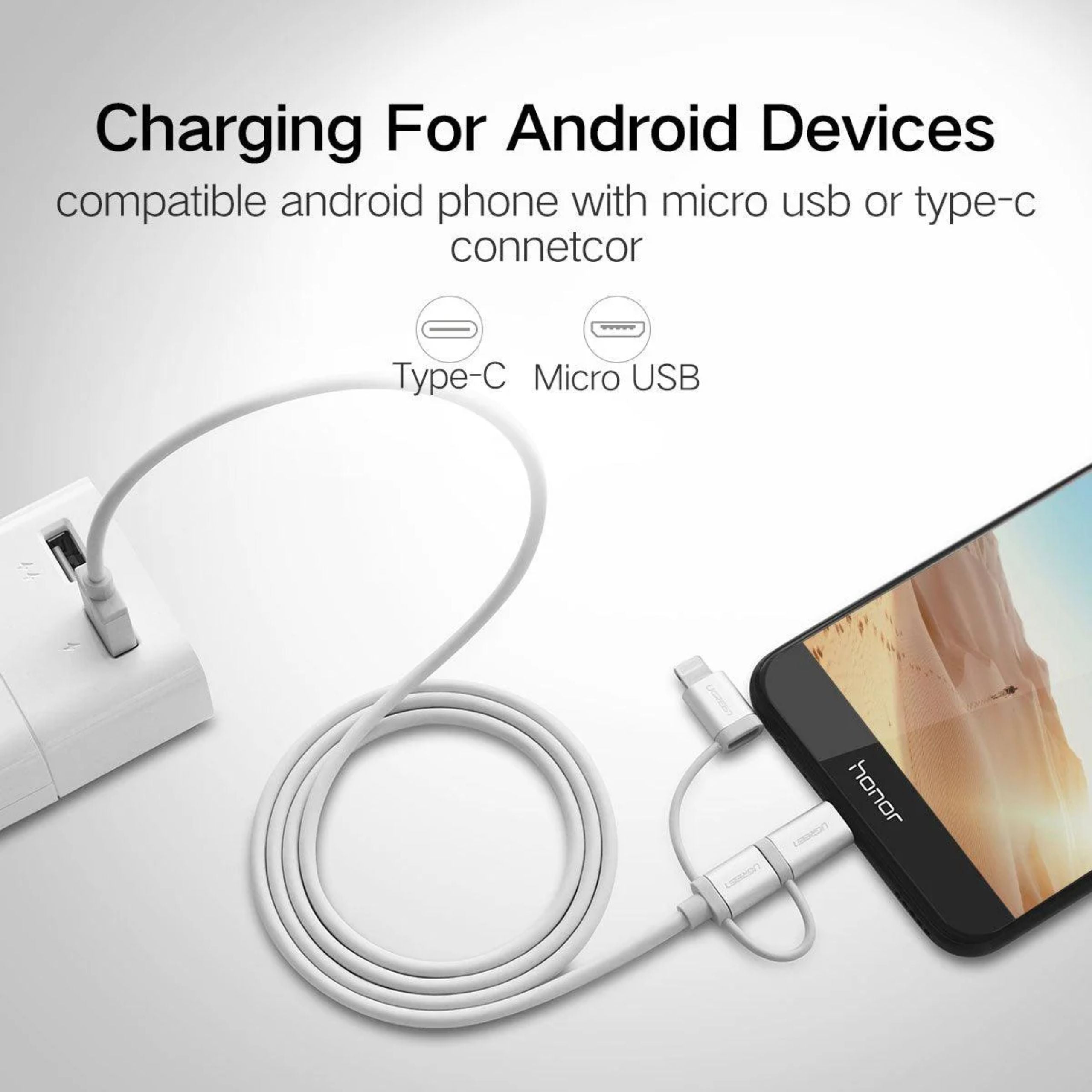 UGREEN 3-in-1 Braided Nylon USB-A to USB-C/Lightning/Micro Universal Cable 1.5M - Silver White