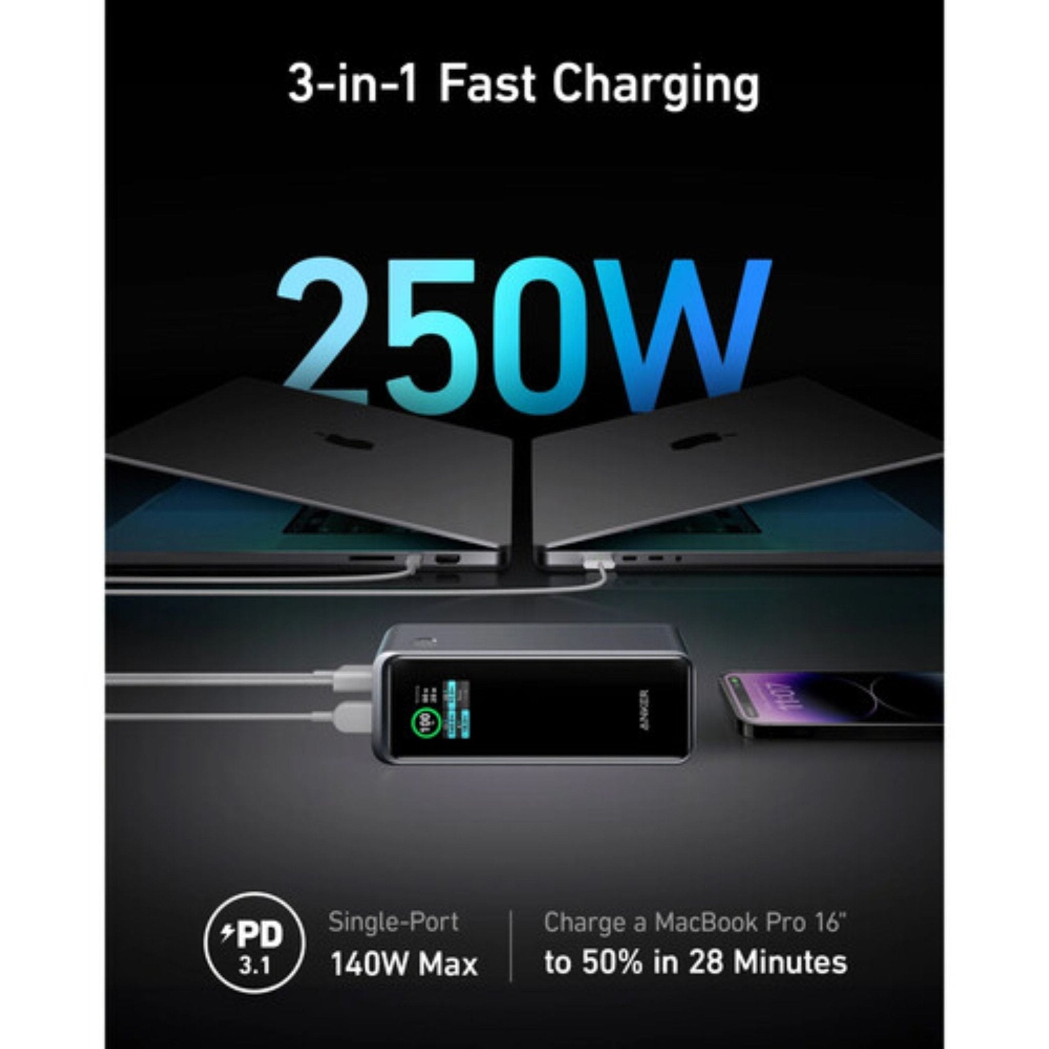 ANKER 3-Port 250W Power Bank with LCD Screen 27,650mAh - Black