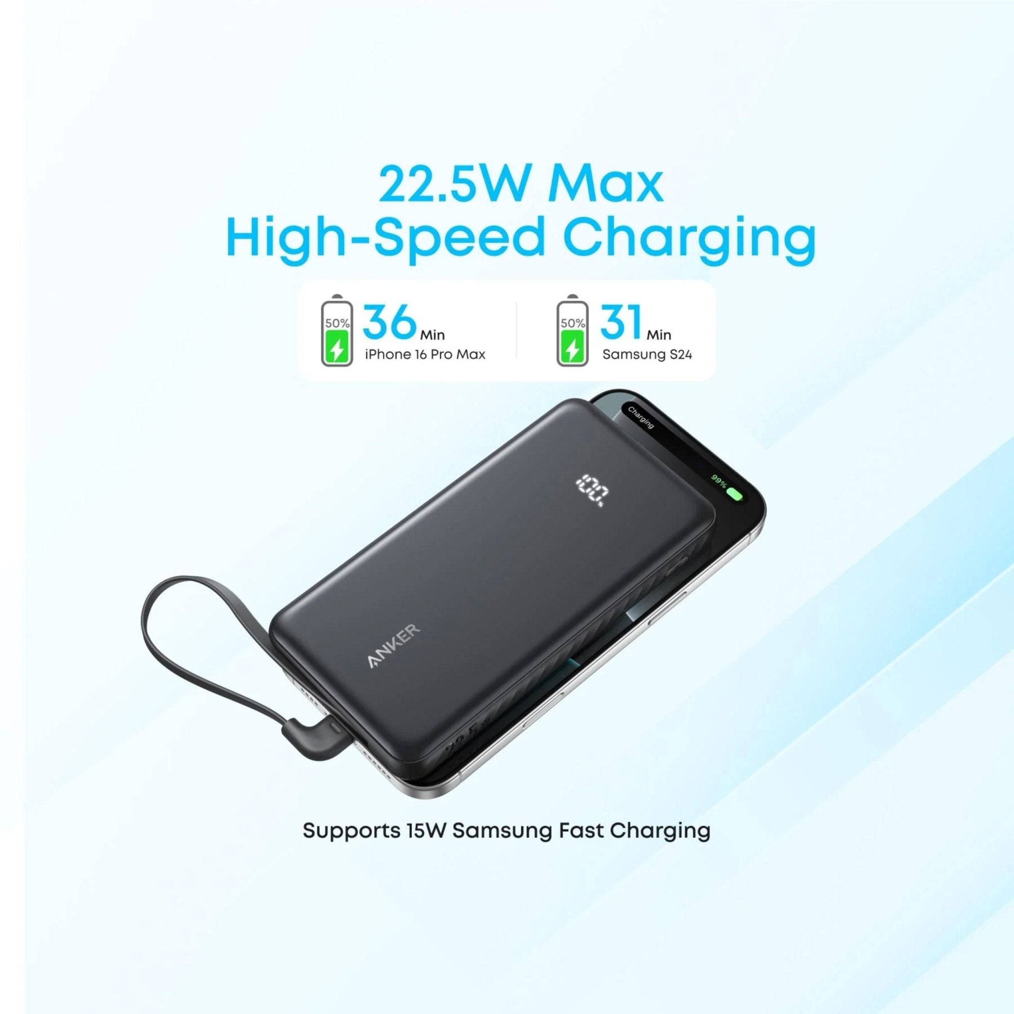 Anker 10000mAh 22.5W Power Bank with Built-in USB-C Cable - Black