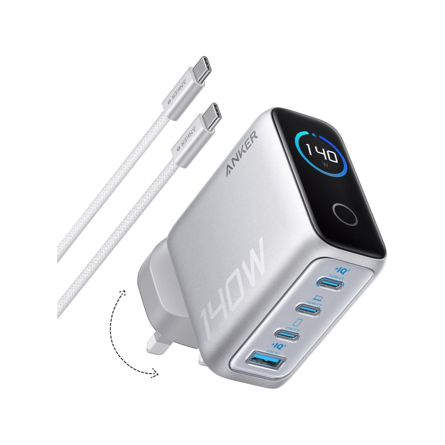 Anker 140W 3-Port Type-C Wall Charger with USB-C to Type-C Cable