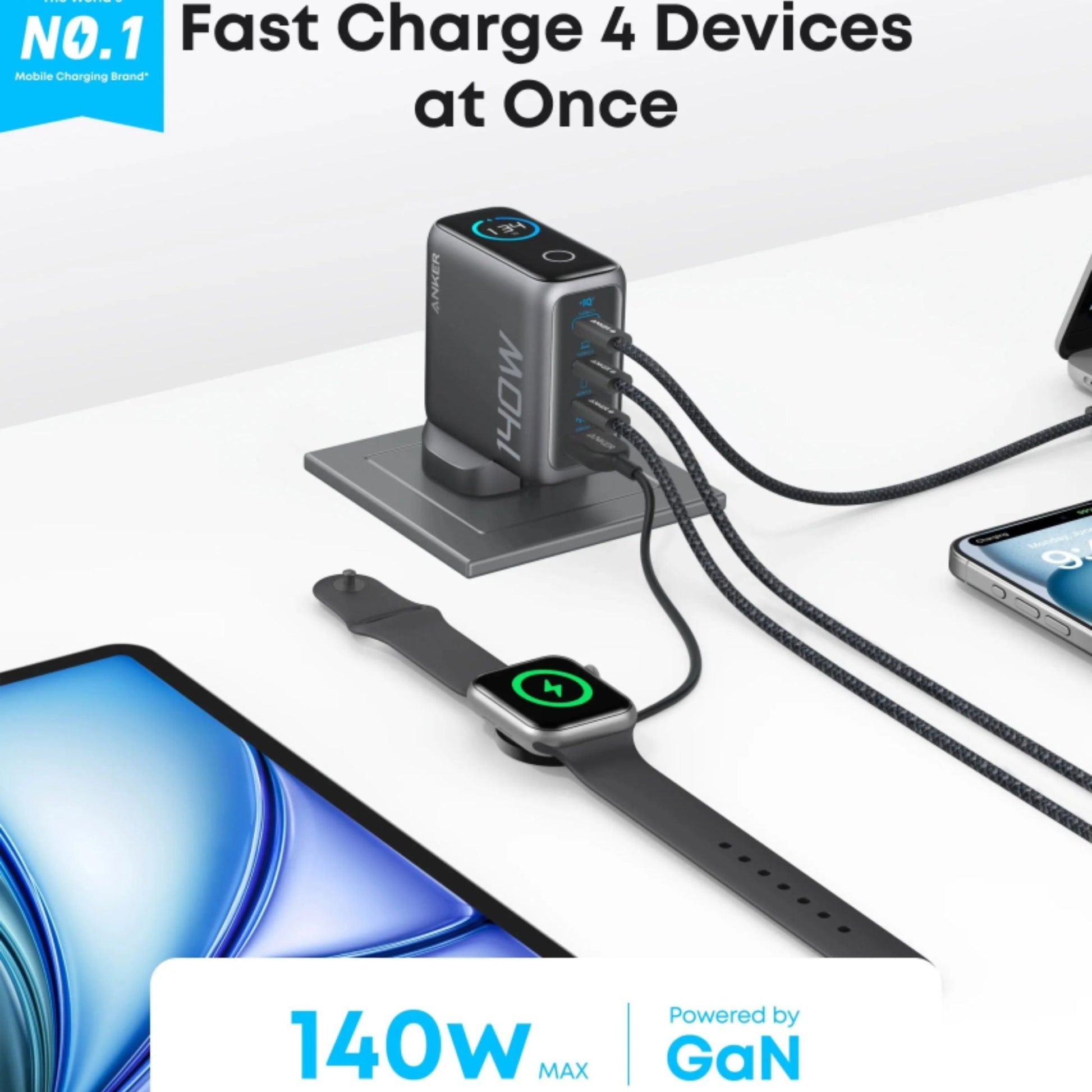 Anker 140W 3-Port Type-C Wall Charger with USB-C to Type-C Cable