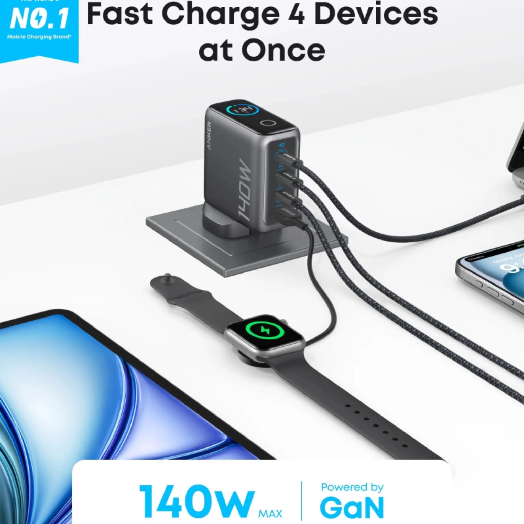 Anker 140W 3-Port Type-C Wall Charger with USB-C to Type-C Cable - Black
