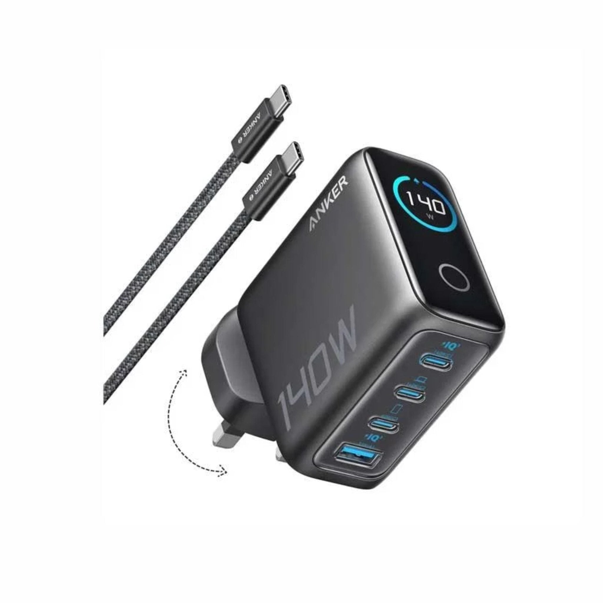 Anker 140W 3-Port Type-C Wall Charger with USB-C to Type-C Cable - Black