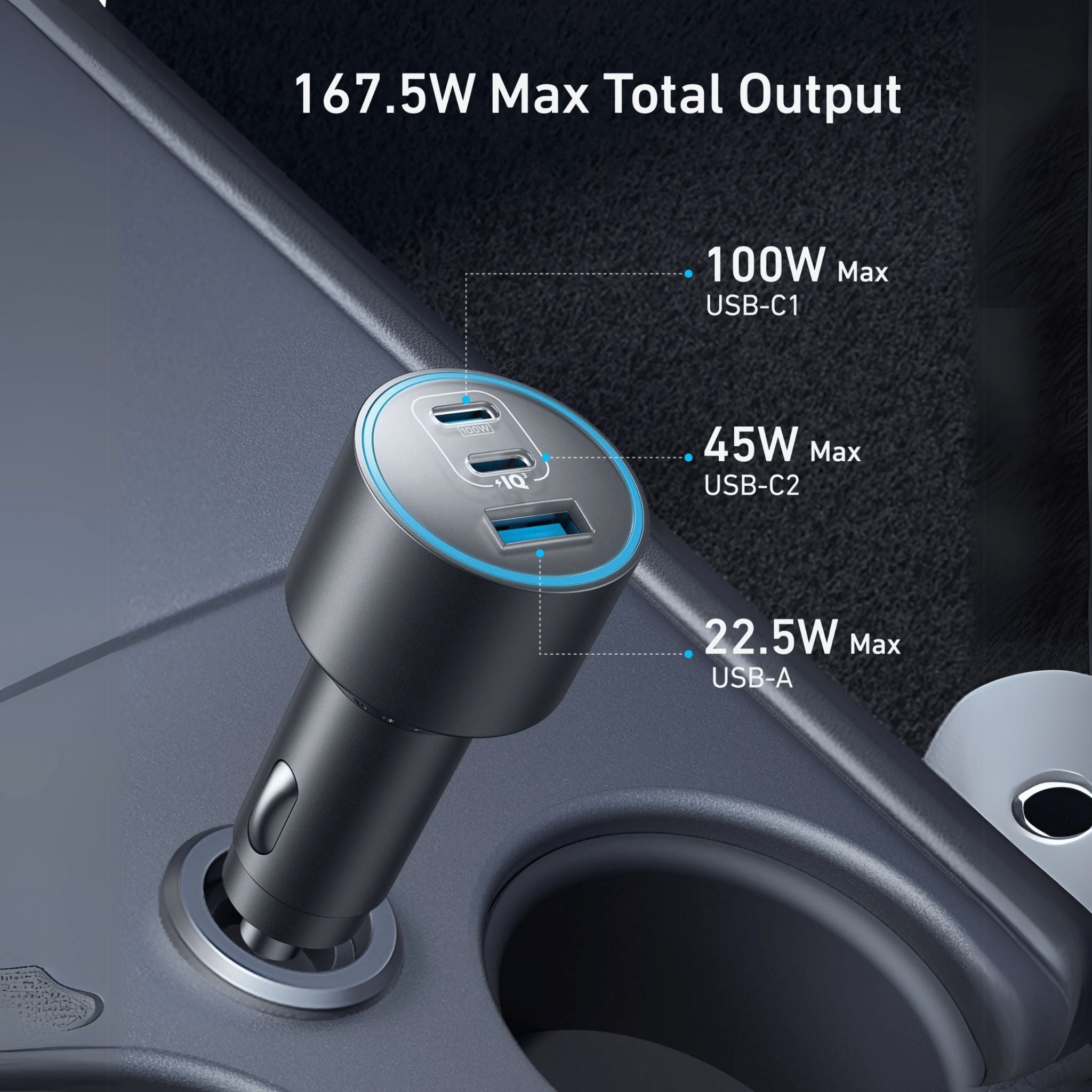 Anker 167.5 W,3 PORTS Nano Car Charger 3.3 ft USB-C Cable - Black