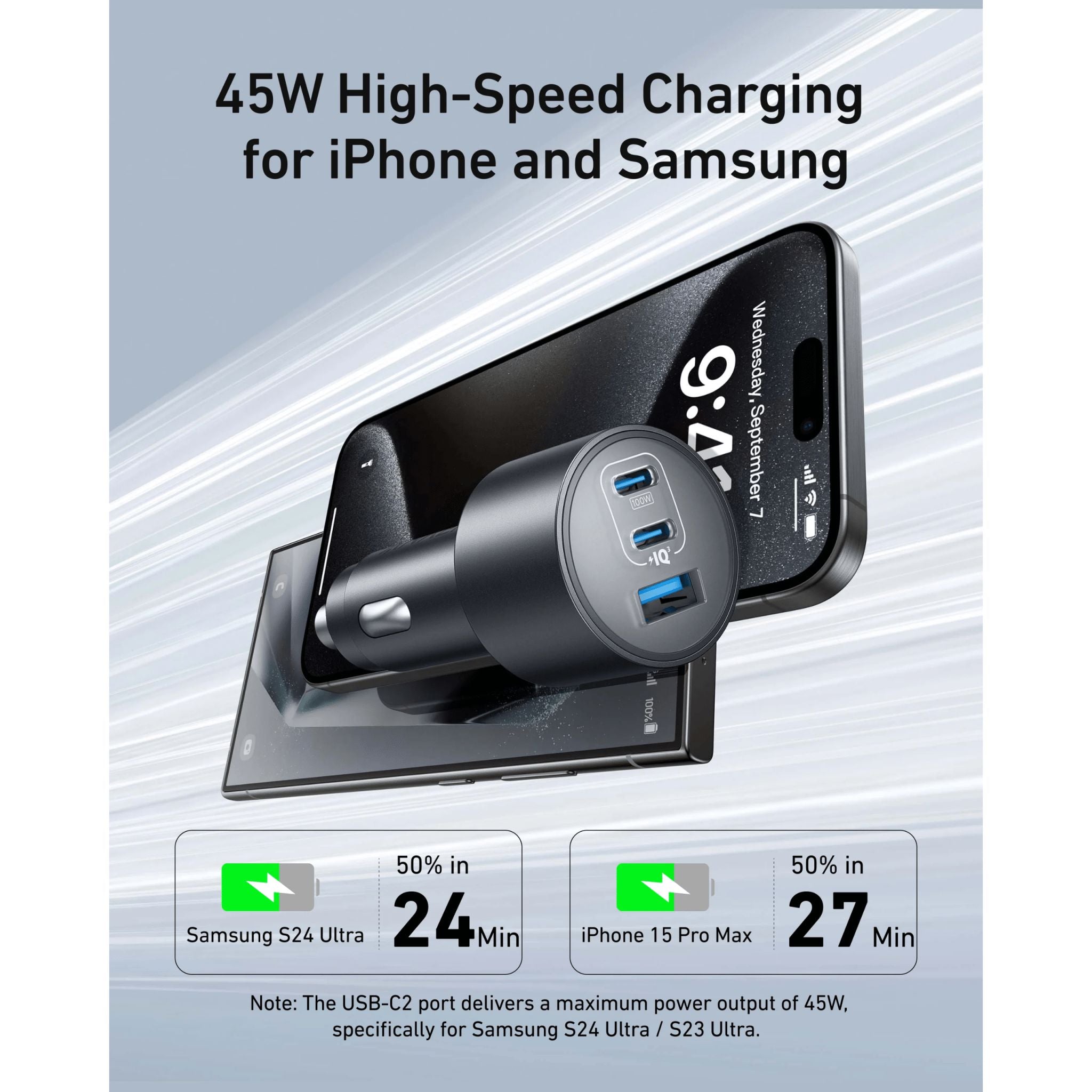 Anker 167.5 W,3 PORTS Nano Car Charger 3.3 ft USB-C Cable - Black