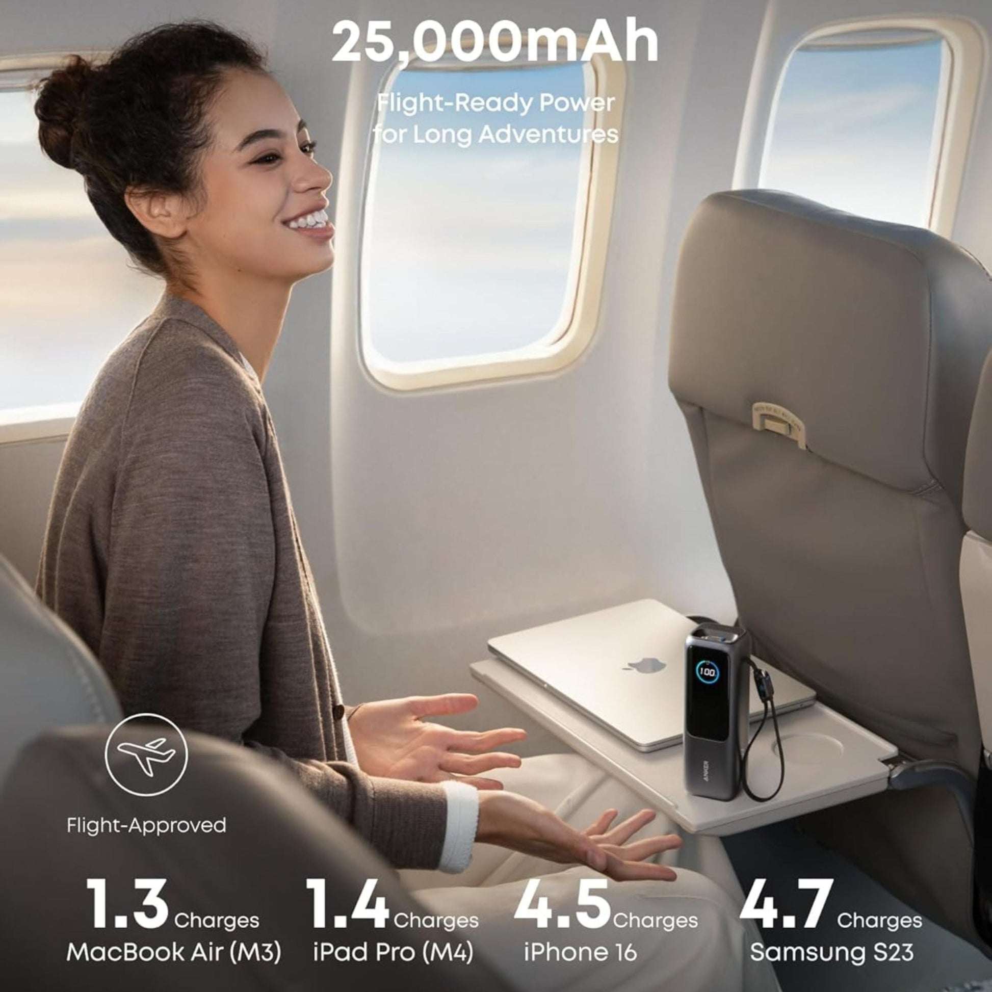 Anker 2-Port 165W 25,000mAh Ultra-Fast Charging Power Bank with Built-In and Retractable Type-C Cable - Black