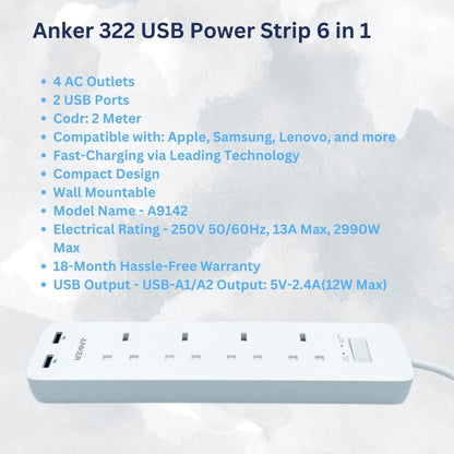 Anker 322 USB Power Strip 6 in 1 A9142K21 - White