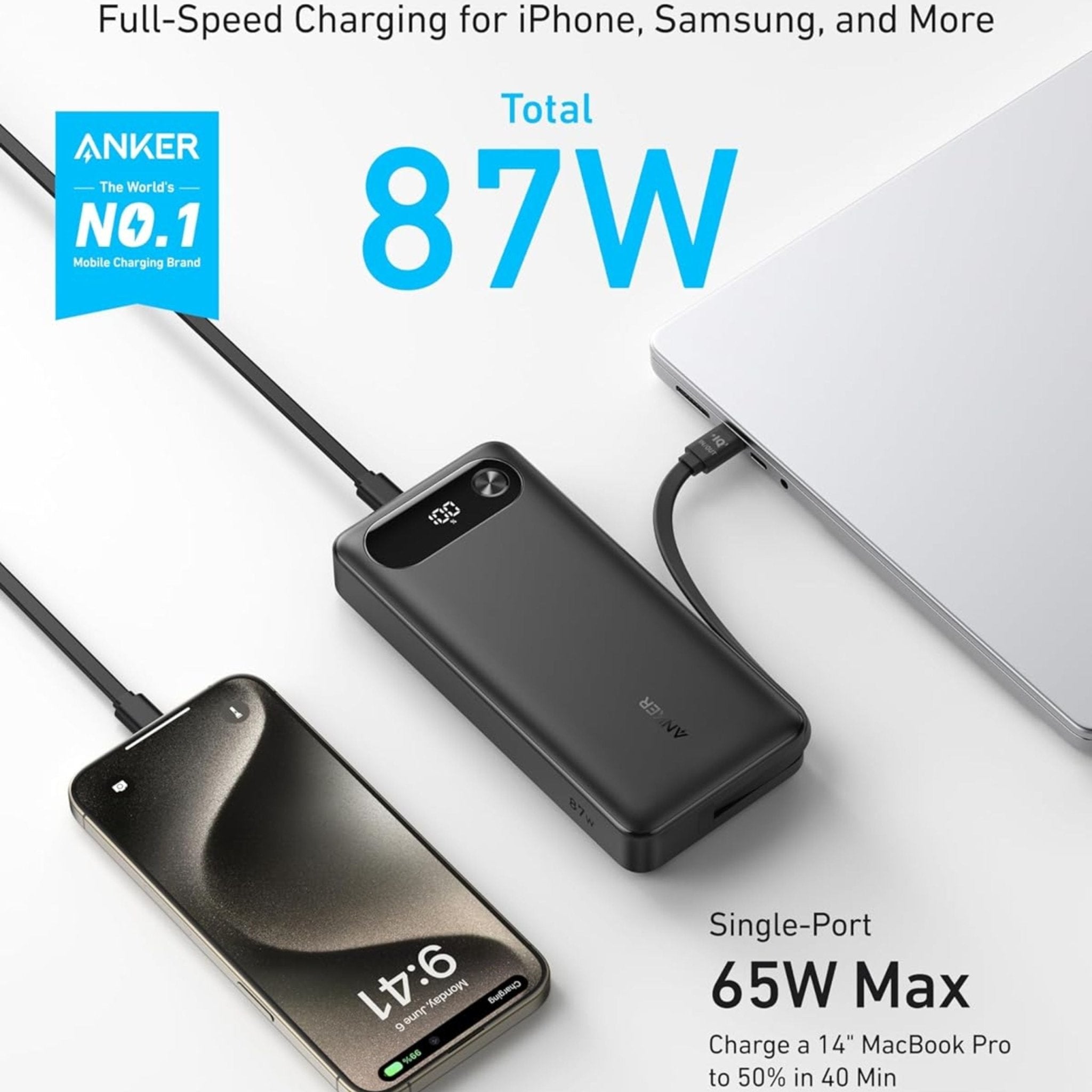 Anker 65W 20,000mAh Power Bank with USB-C Cable - Black