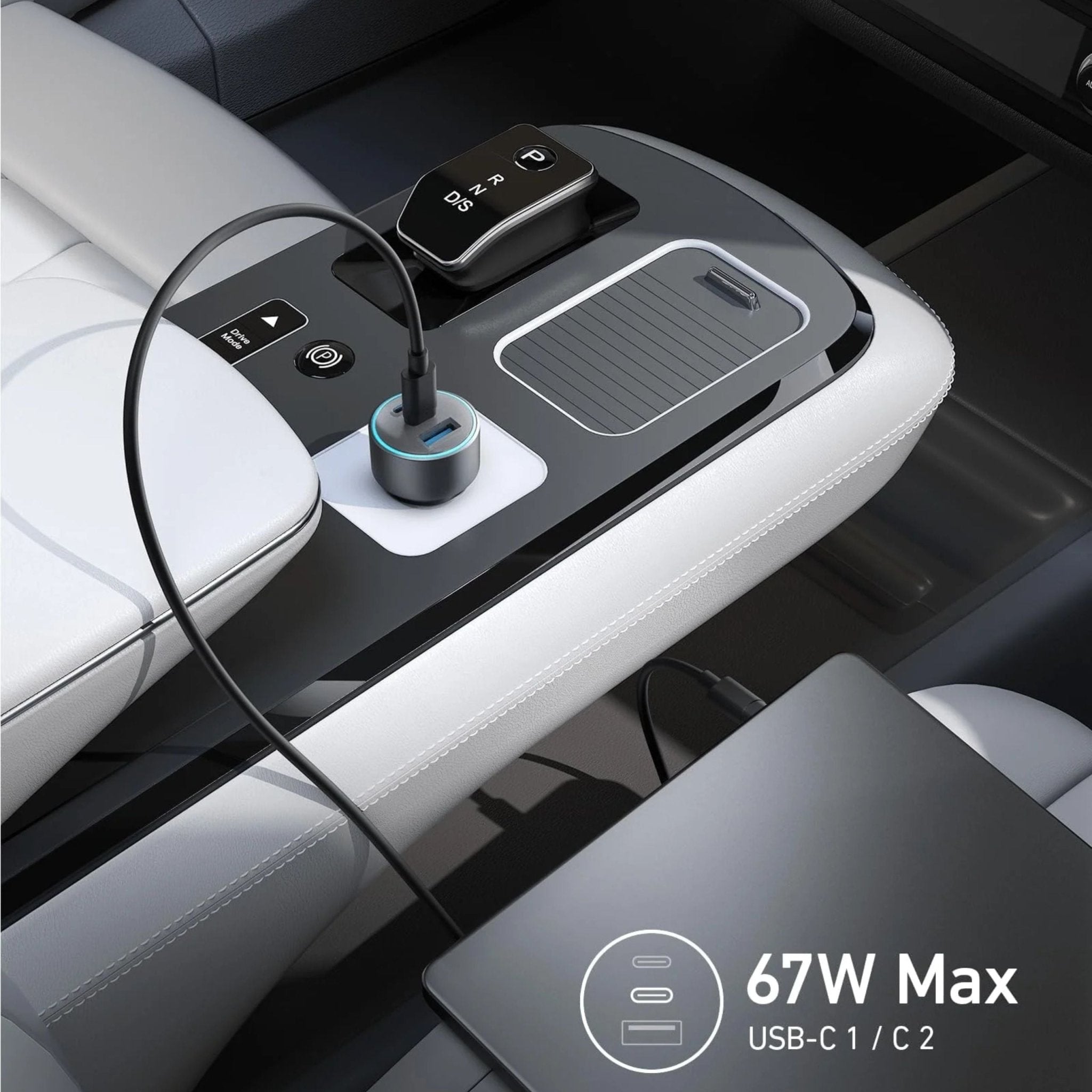 Anker 67W 3-Port Fast Car Charger 3.3 ft USB-C Cable - Black