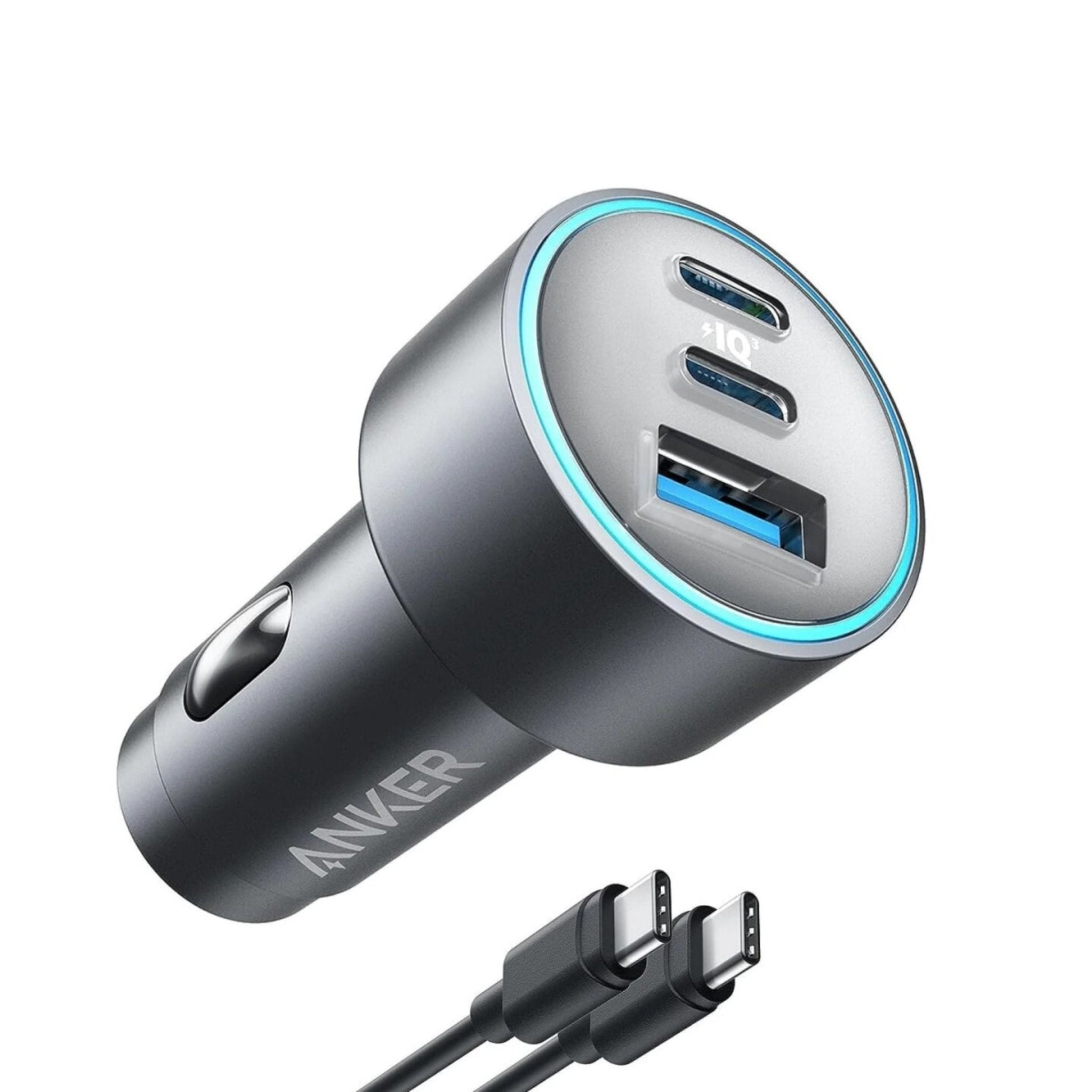 Anker 67W 3-Port Fast Car Charger 3.3 ft USB-C Cable - Black