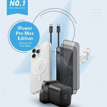 Anker Iphone 16 Pro Max accessories package (Magnetic Case - Privacy Screen - Camera Lens Protector - Zolo USB-C to USB-C Cable 3ft - Zolo Charger 30w)