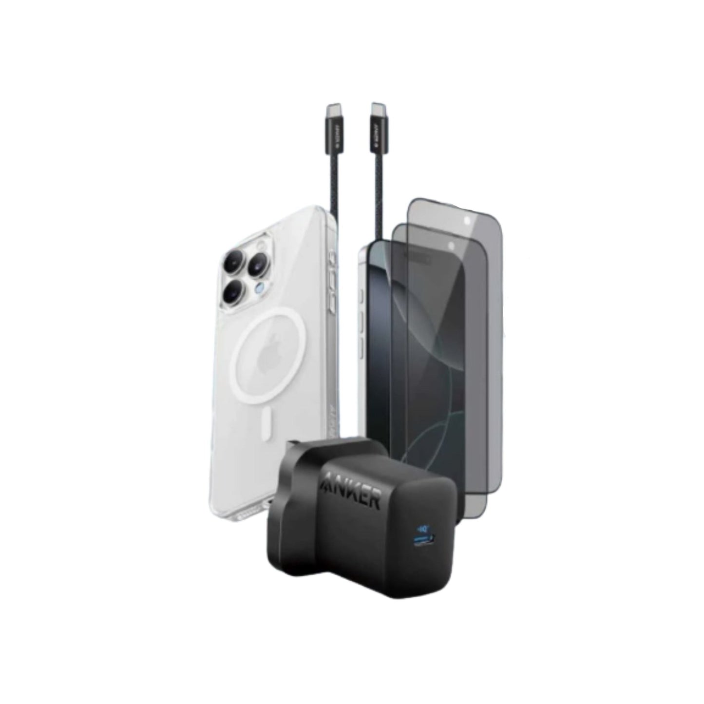 Anker Iphone 16 Pro Max accessories package (Magnetic Case - Privacy Screen - Camera Lens Protector - Zolo USB-C to USB-C Cable 3ft - Zolo Charger 30w)