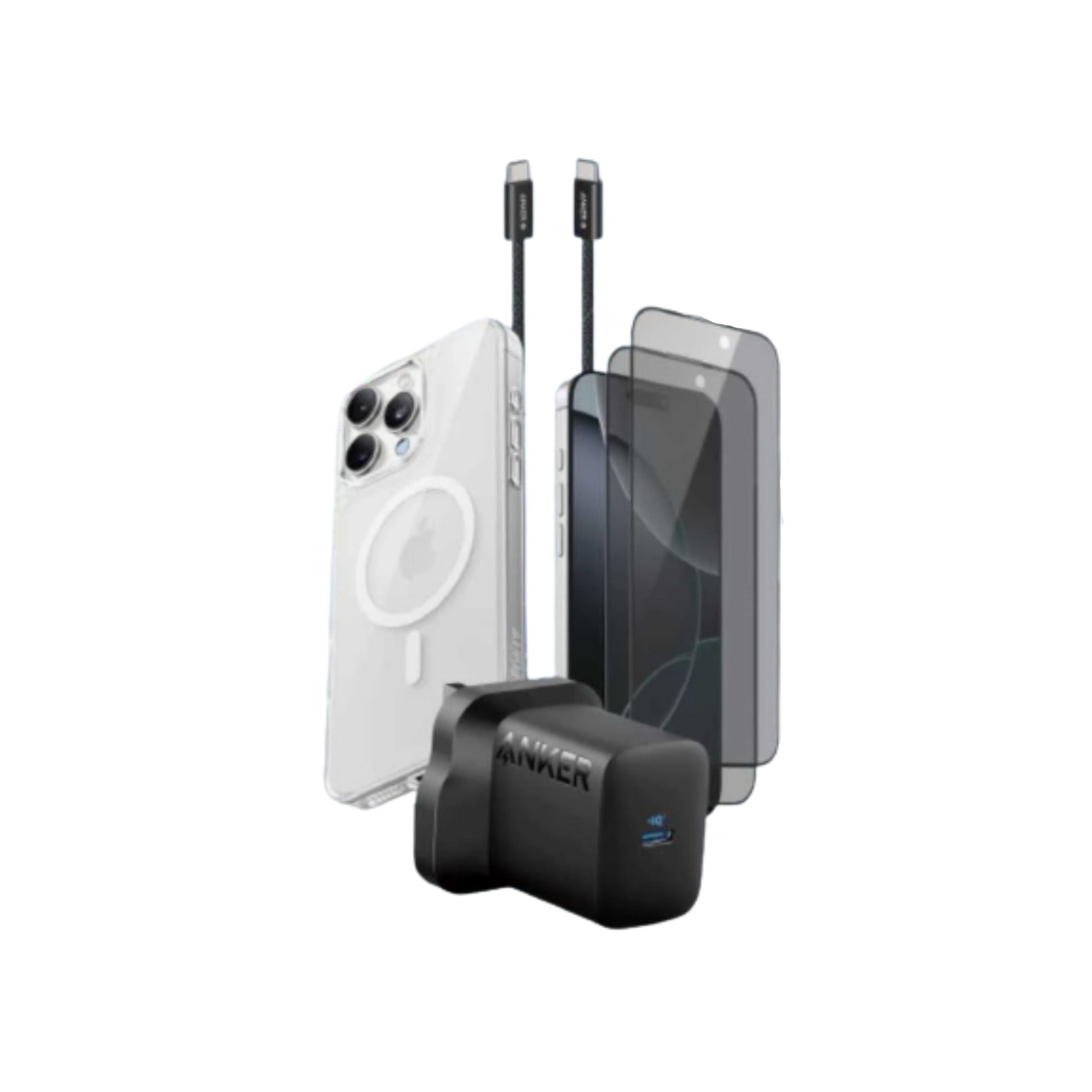 Anker Iphone 16 Pro Max accessories package (Magnetic Case - Privacy Screen - Camera Lens Protector - Zolo USB-C to USB-C Cable 3ft - Zolo Charger 30w)