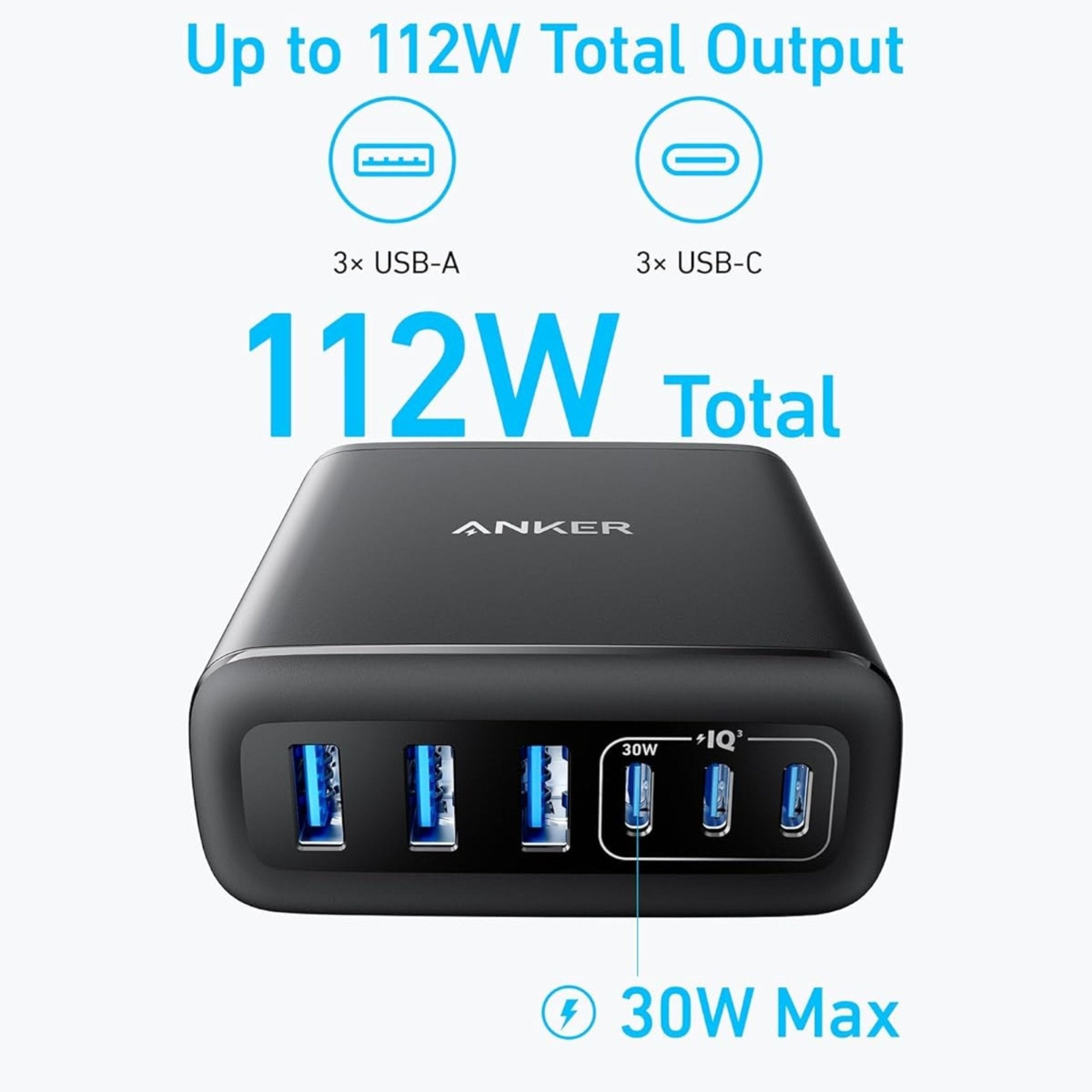 Anker Multi-Device Fast Charging 112W 6 Ports GaN Charger - Black