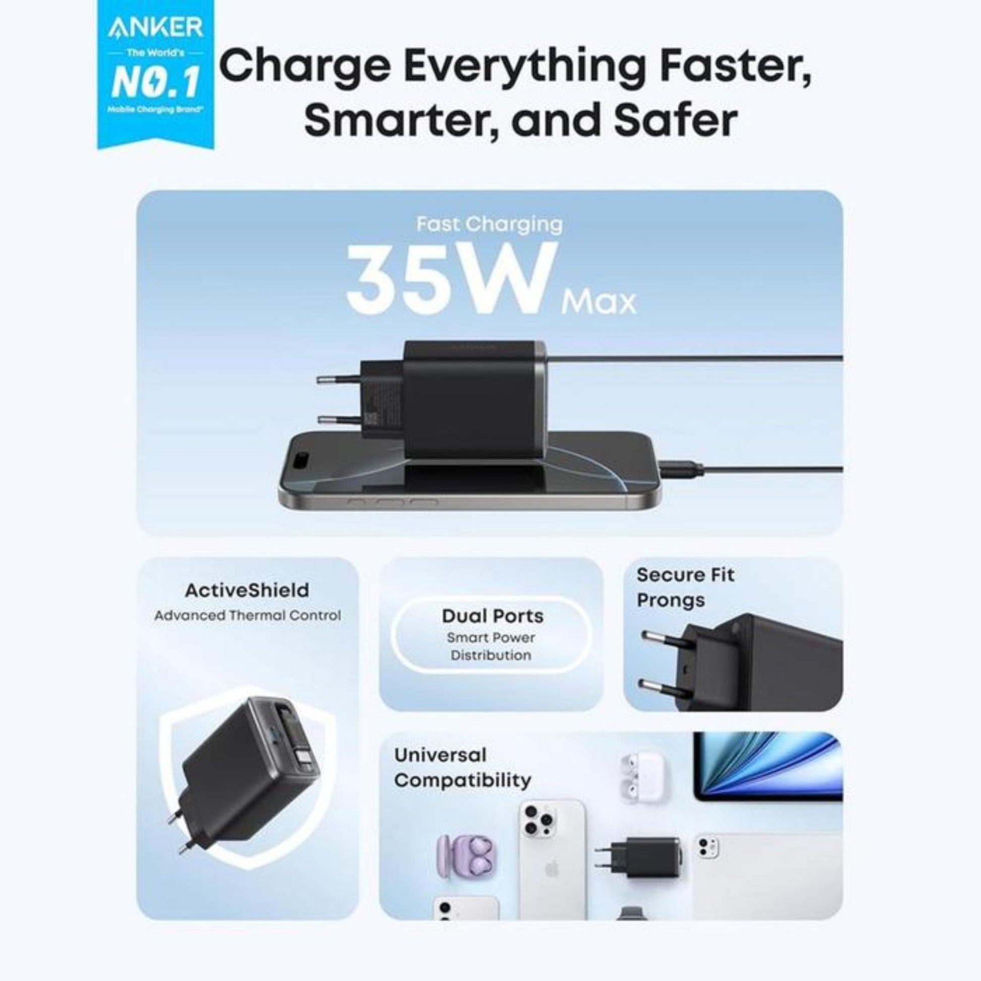 Anker Nano Charger 35W, Built-In Retractable USB-C Cable - Black
