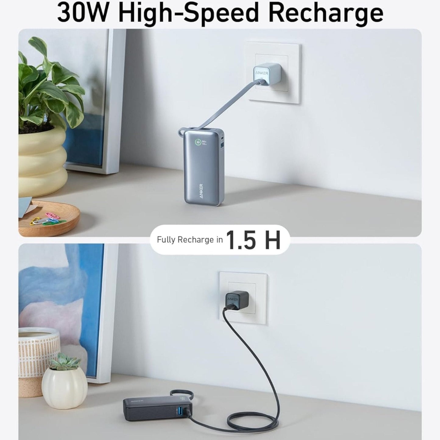 Anker Nano Power Bank 10,000mAh, Intelligent Display (30W, Built-In USB-C Cable)