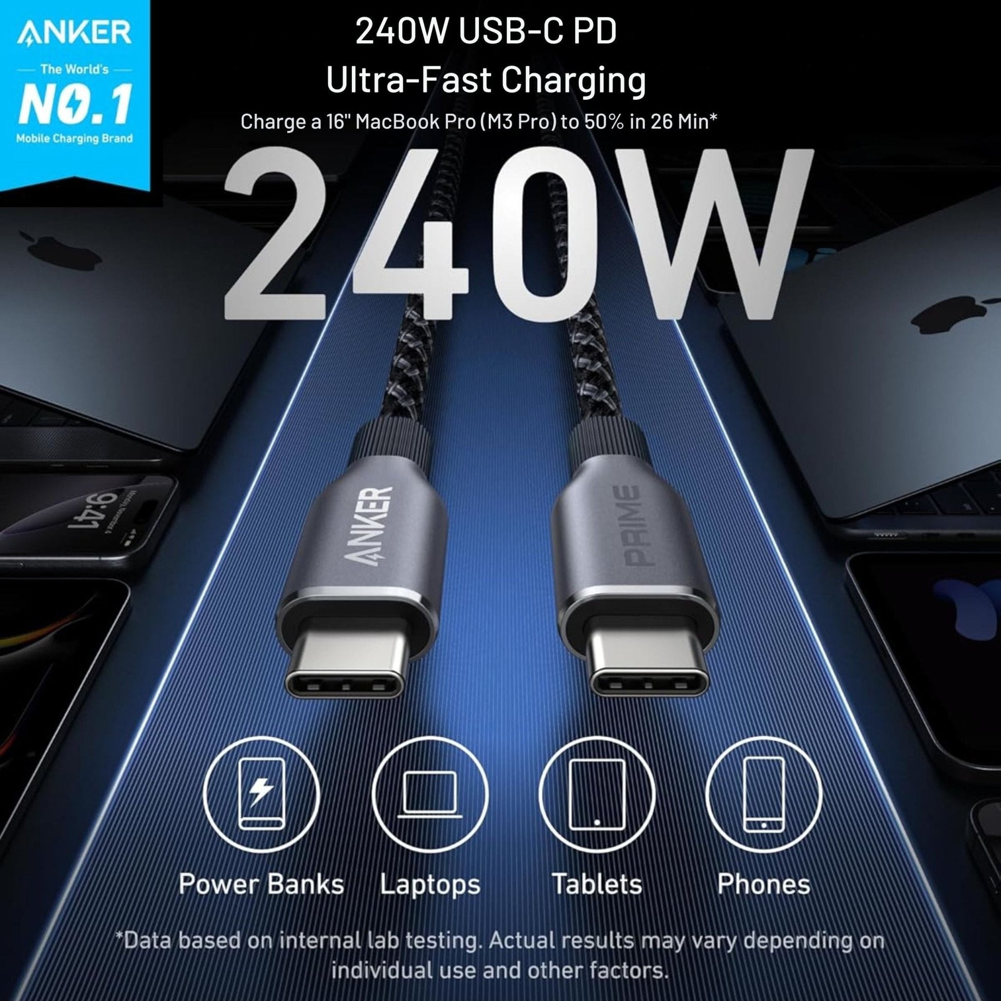 Anker Prime USB-C to USB-C Cable 3ft 240W Upcycled-Braided - Grey