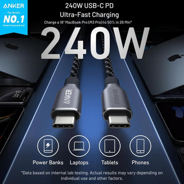 Anker Prime USB-C to USB-C Cable 3ft 240W Upcycled-Braided - Grey